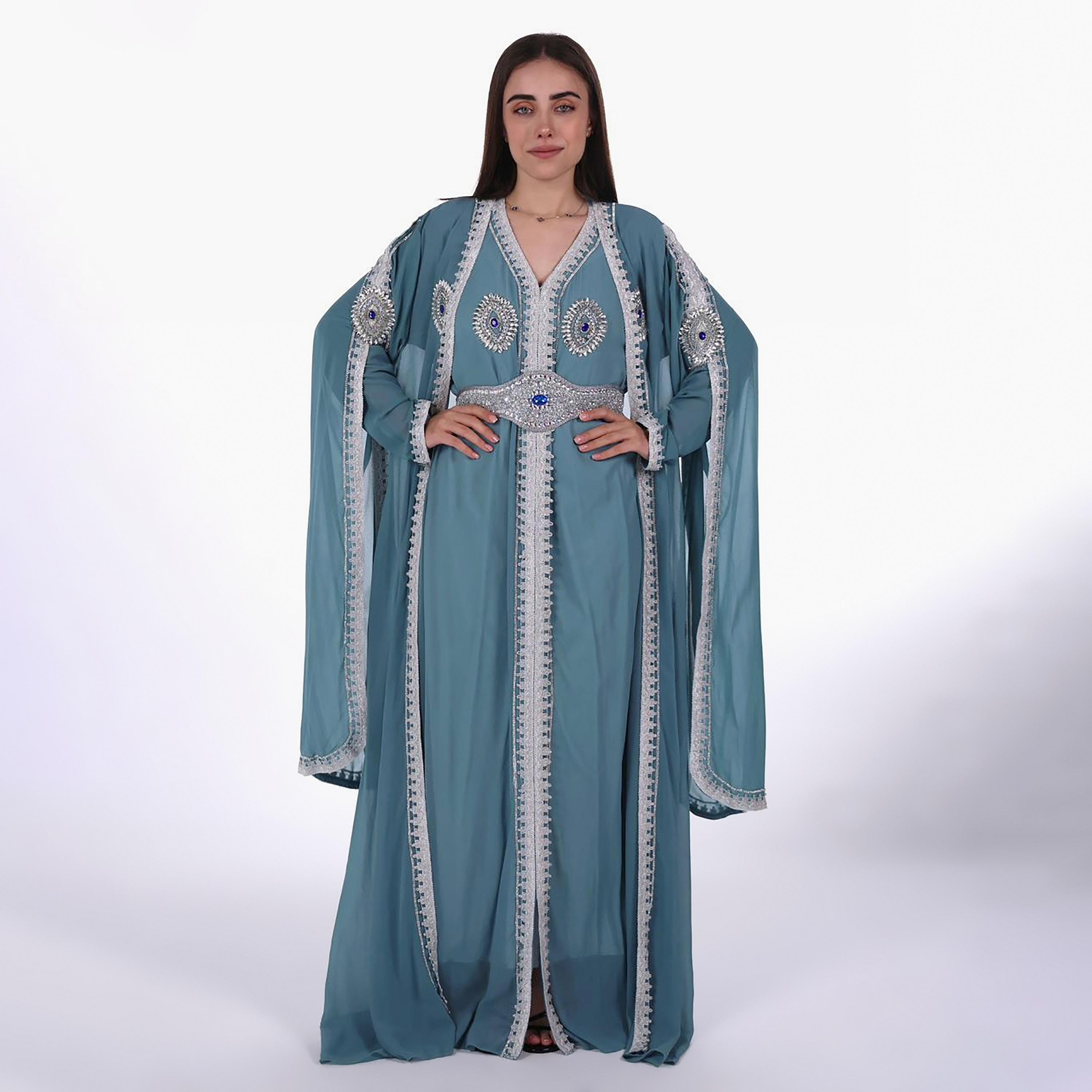 AL BENT AL SHARQIEH Embroidered & Crystal Work Cape Sleeves Linen Women's Jalabiya with Belt-women-arabicclothing-jalabiyas-image-3