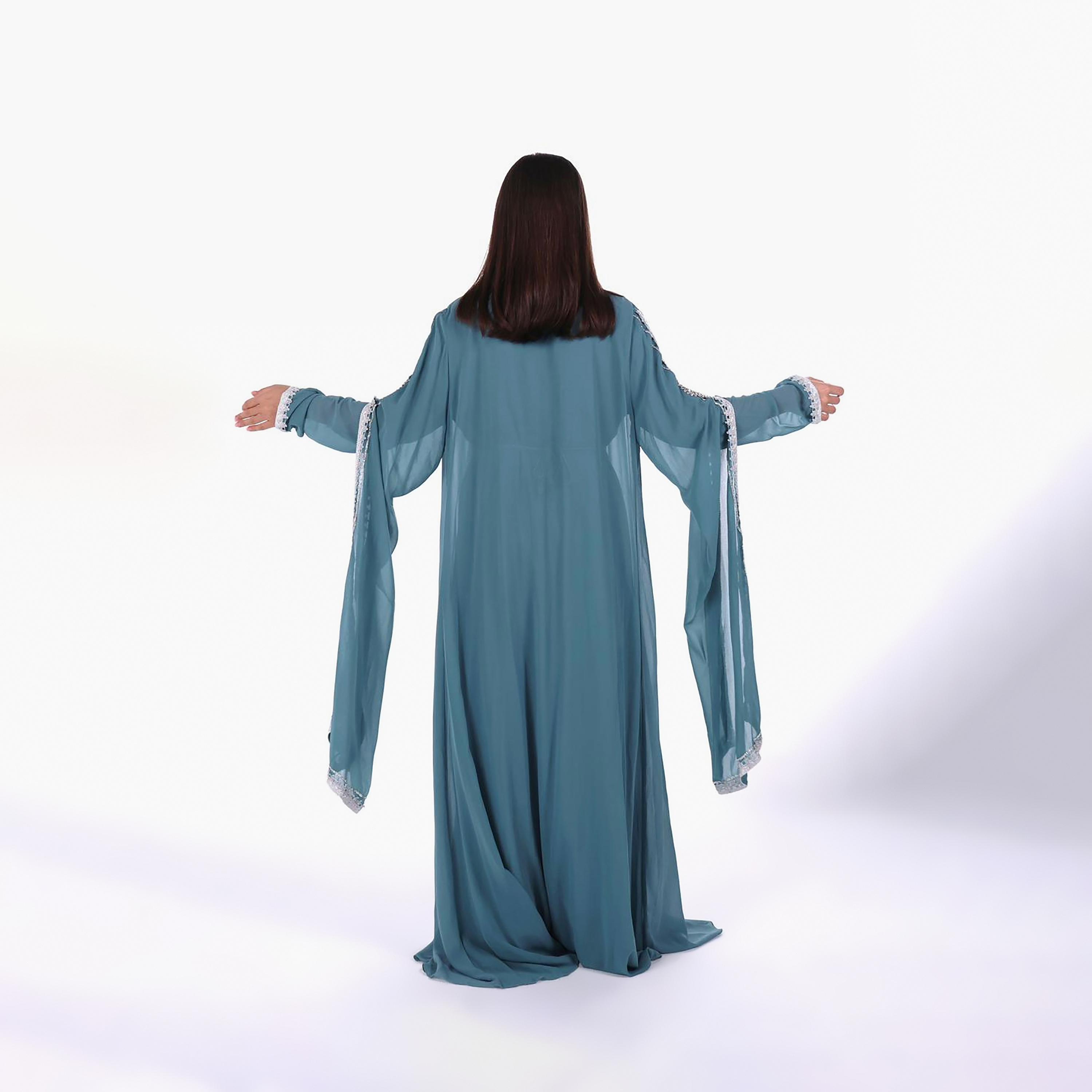 AL BENT AL SHARQIEH Embroidered & Crystal Work Cape Sleeves Linen Women's Jalabiya with Belt-women-arabicclothing-jalabiyas-image-4