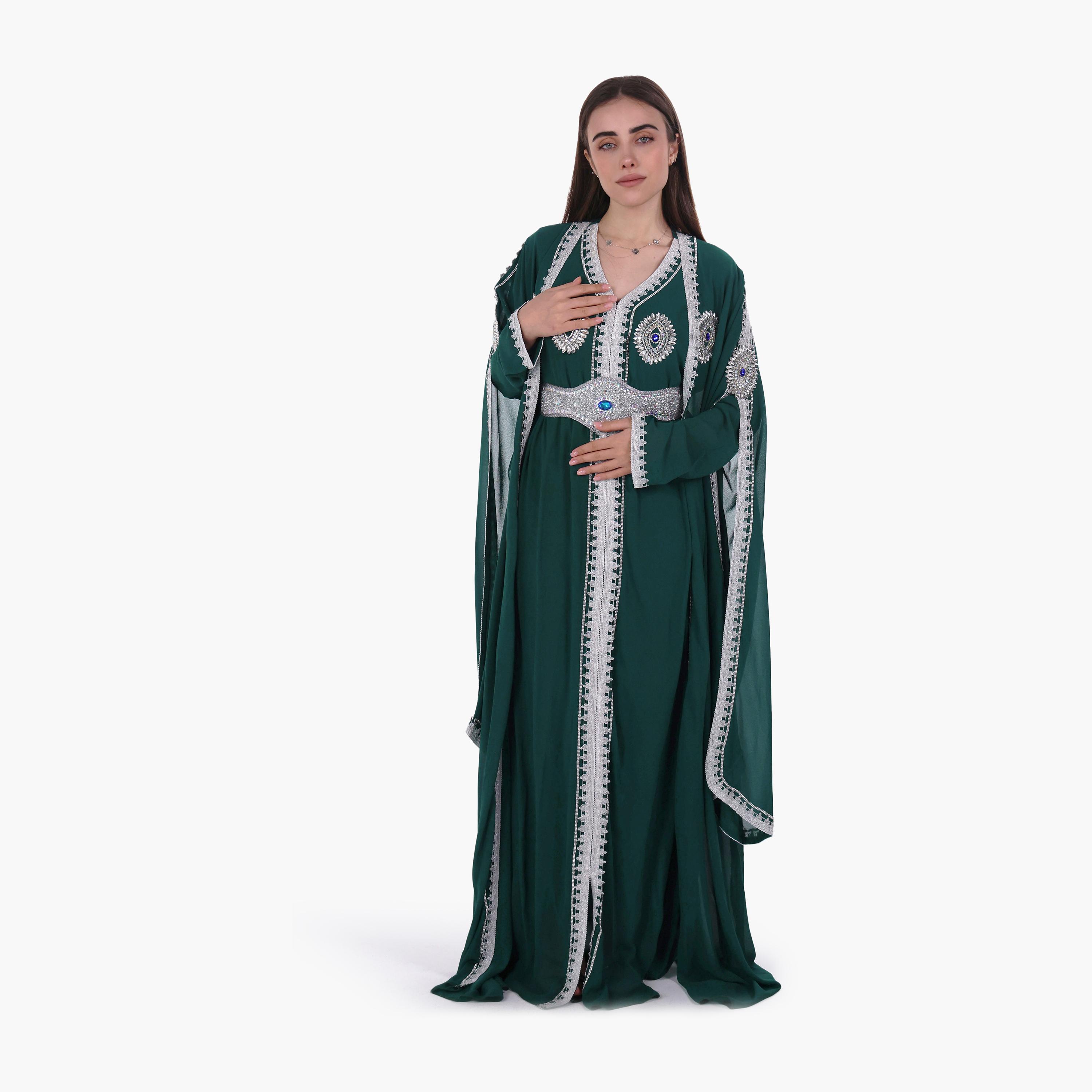 AL BENT AL SHARQIEH Embroidered & Crystal Work Cape Sleeves Linen Women's Jalabiya with Belt-women-arabicclothing-jalabiyas-image-1