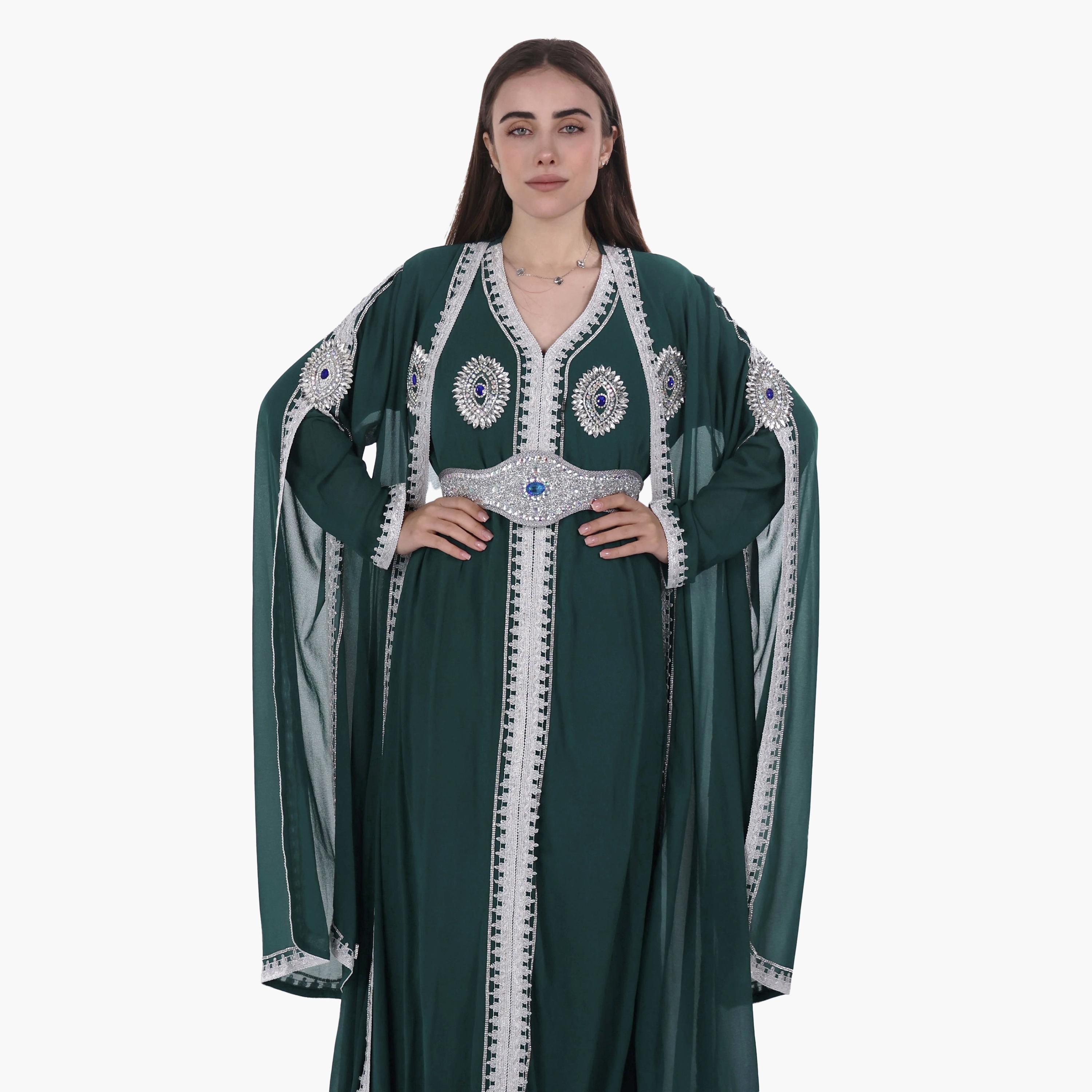 AL BENT AL SHARQIEH Embroidered & Crystal Work Cape Sleeves Linen Women's Jalabiya with Belt-women-arabicclothing-jalabiyas-image-2