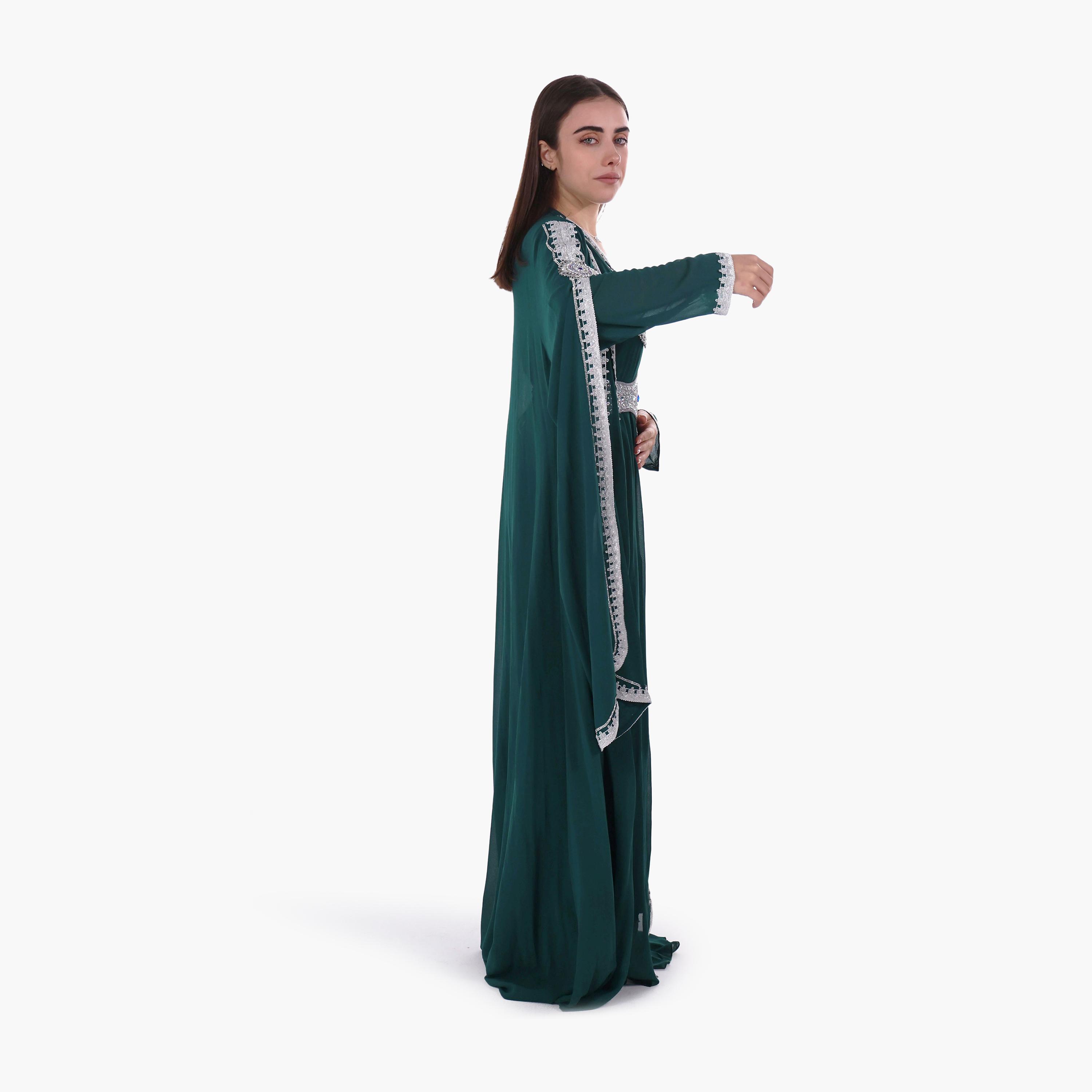 AL BENT AL SHARQIEH Embroidered & Crystal Work Cape Sleeves Linen Women's Jalabiya with Belt-women-arabicclothing-jalabiyas-image-3