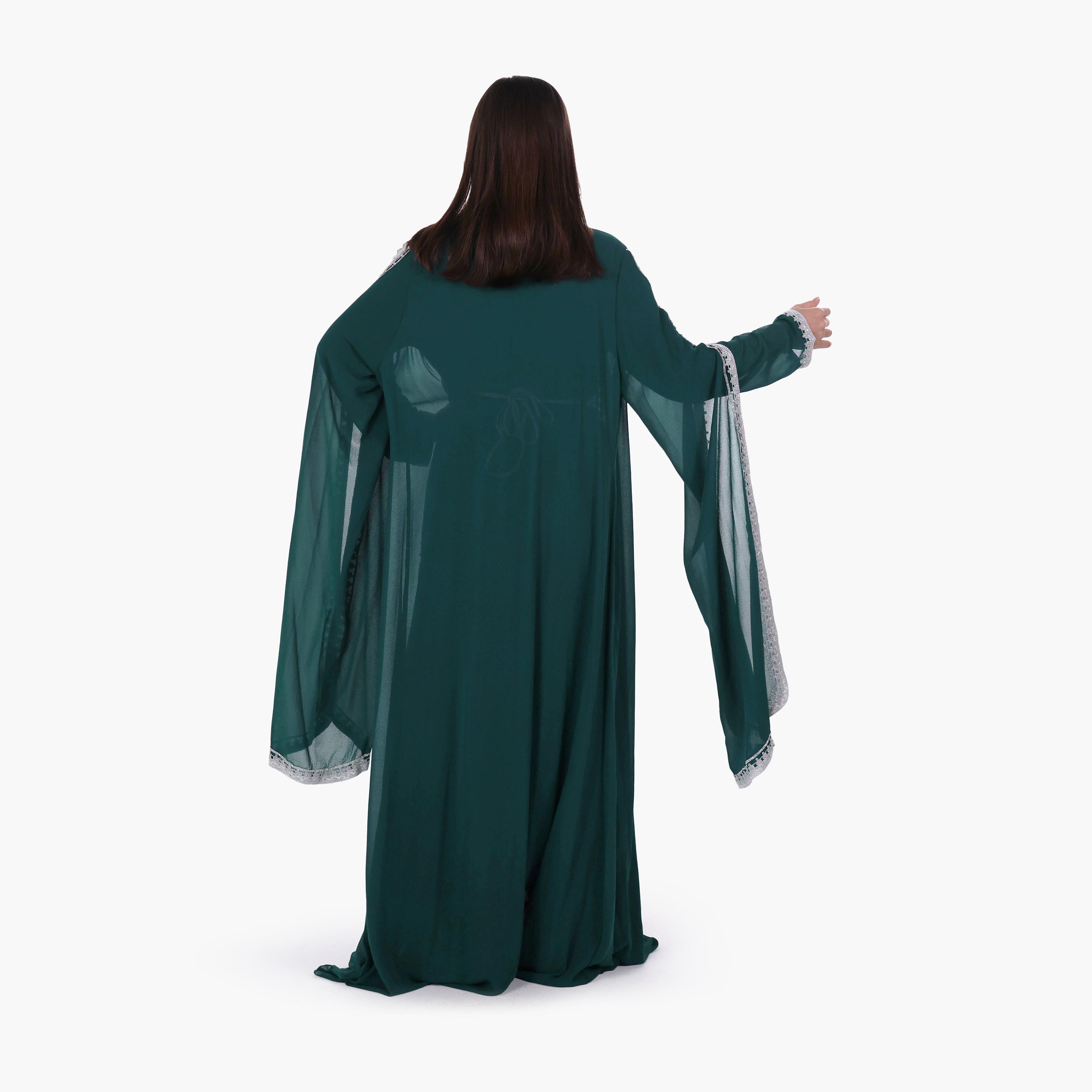 AL BENT AL SHARQIEH Embroidered & Crystal Work Cape Sleeves Linen Women's Jalabiya with Belt-women-arabicclothing-jalabiyas-image-4
