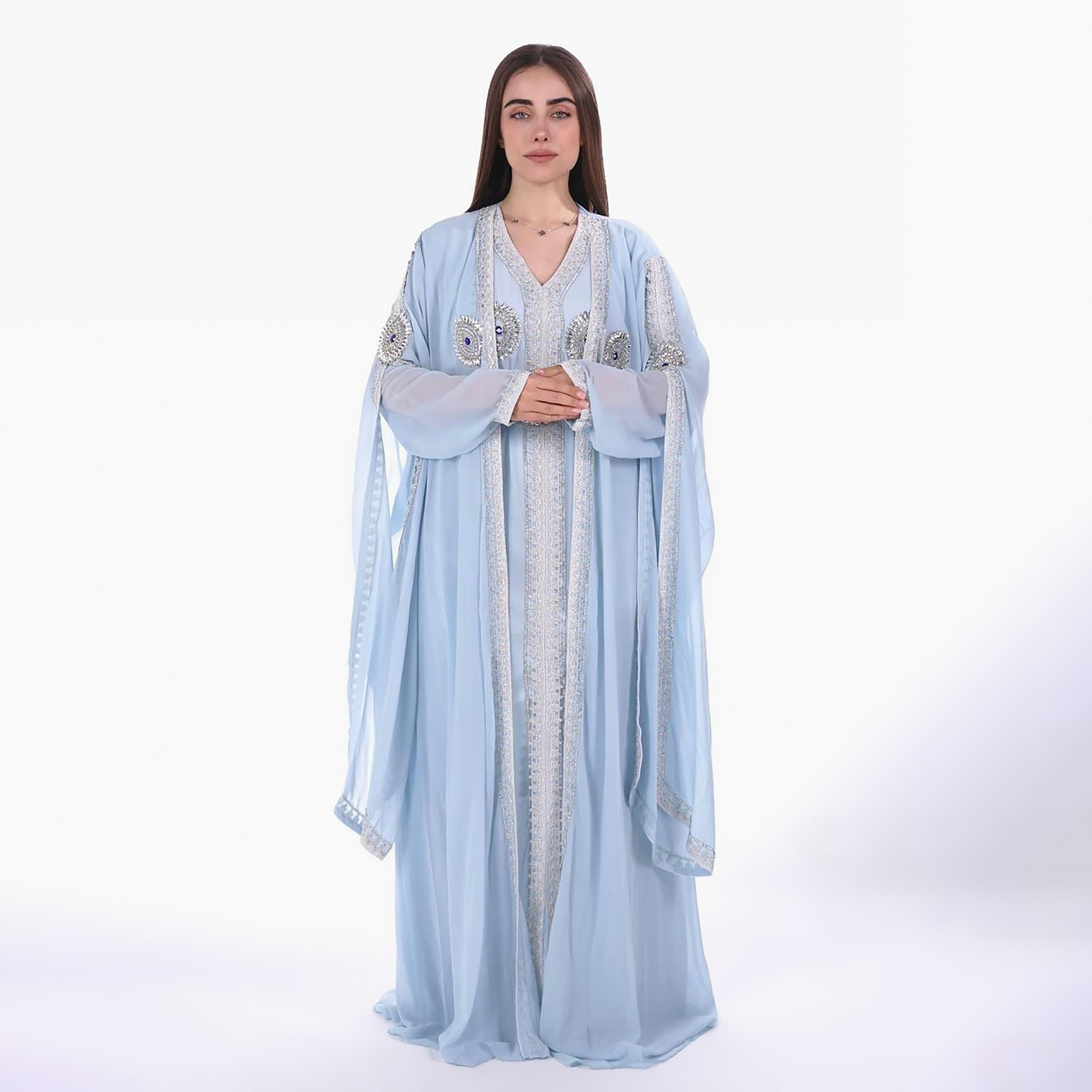 AL BENT AL SHARQIEH Embroidered & Crystal Work Cape Sleeves Linen Women's Jalabiya with Belt-women-arabicclothing-jalabiyas-image-1