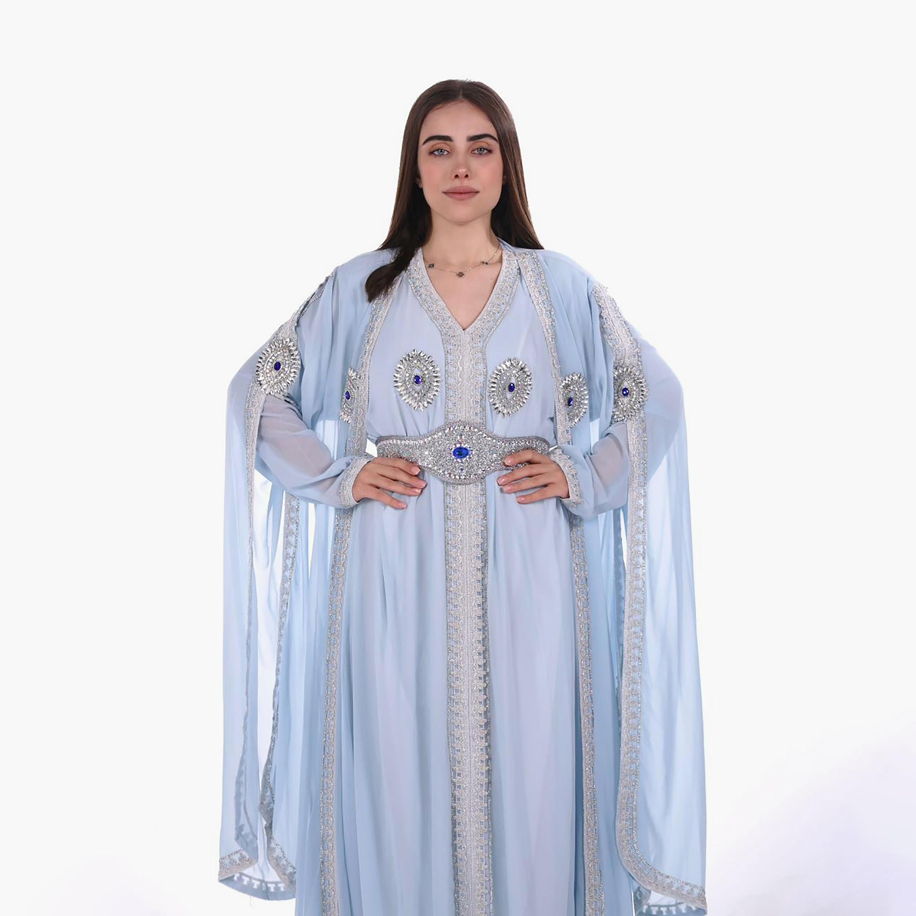 AL BENT AL SHARQIEH Embroidered & Crystal Work Cape Sleeves Linen Women's Jalabiya with Belt-women-arabicclothing-jalabiyas-image-2