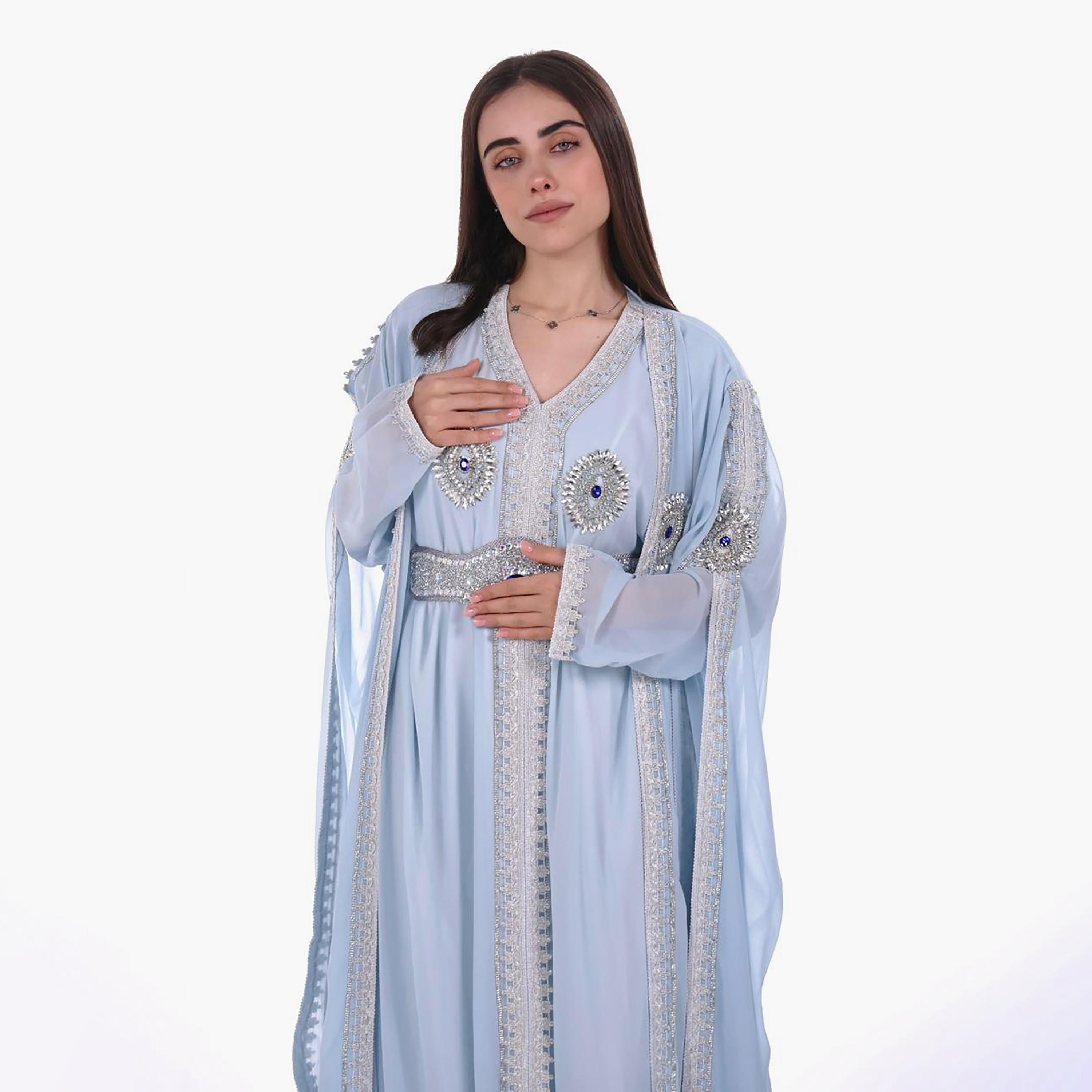 AL BENT AL SHARQIEH Embroidered & Crystal Work Cape Sleeves Linen Women's Jalabiya with Belt-women-arabicclothing-jalabiyas-image-3