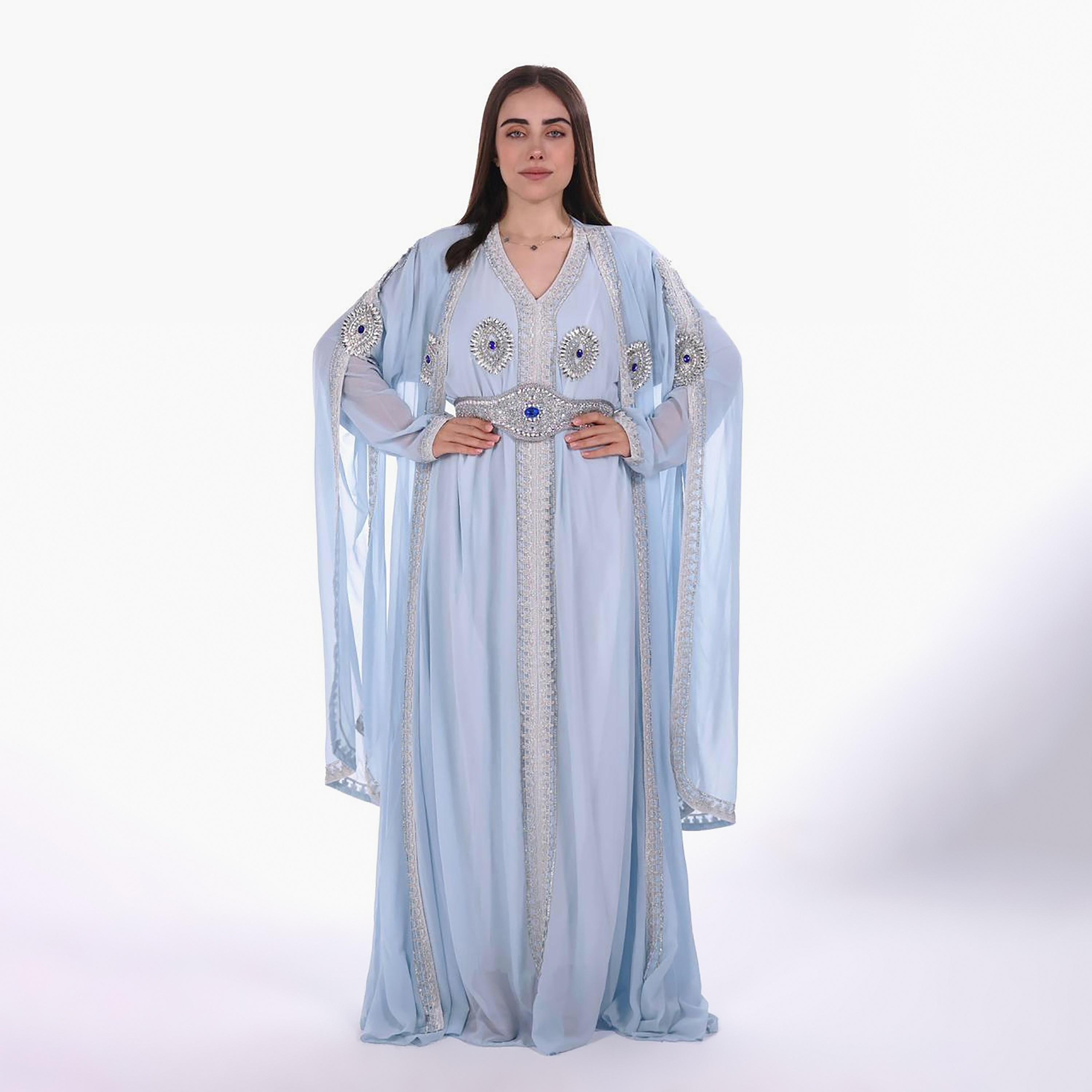 AL BENT AL SHARQIEH Embroidered & Crystal Work Cape Sleeves Linen Women's Jalabiya with Belt-women-arabicclothing-jalabiyas-image-4