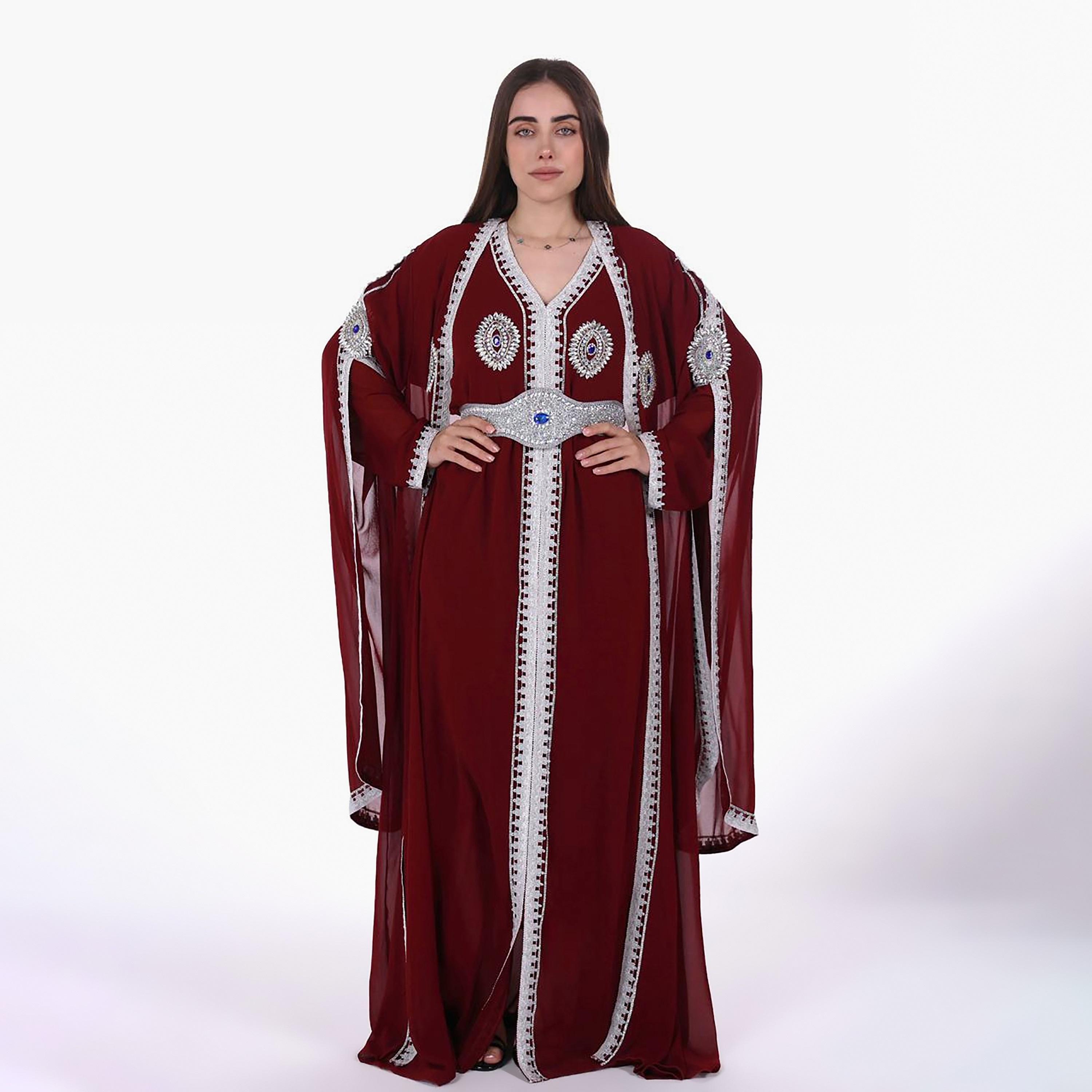 AL BENT AL SHARQIEH Embroidered & Crystal Work Cape Sleeves Linen Women's Jalabiya with Belt-women-arabicclothing-jalabiyas-image-1