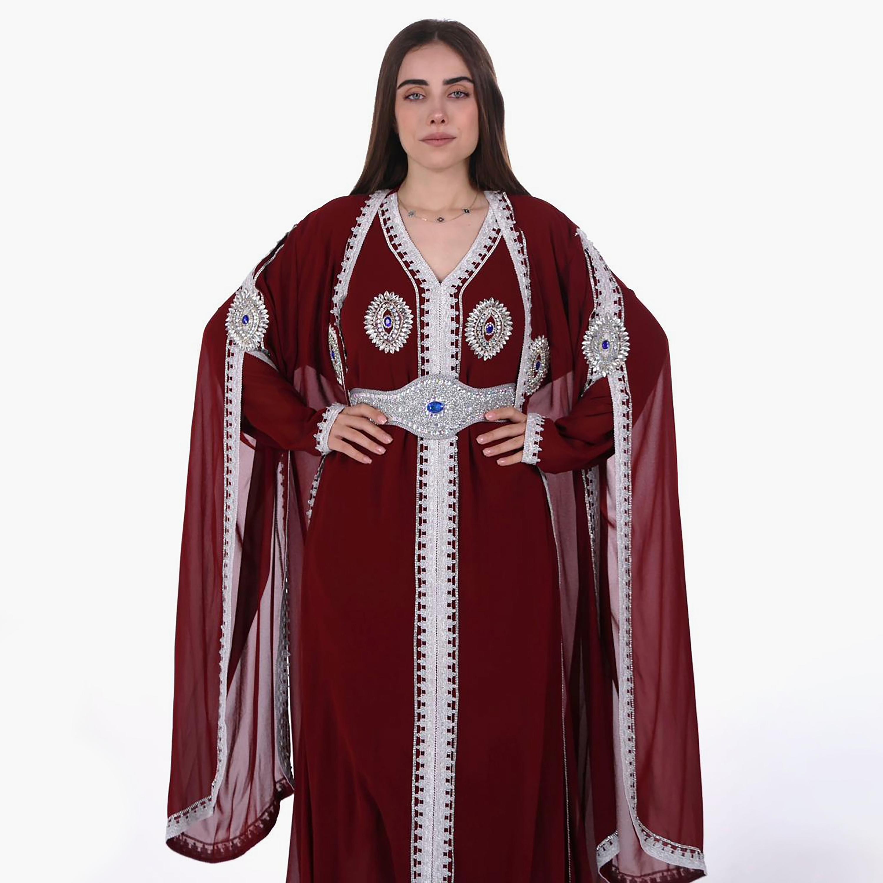 AL BENT AL SHARQIEH Embroidered & Crystal Work Cape Sleeves Linen Women's Jalabiya with Belt-women-arabicclothing-jalabiyas-image-2