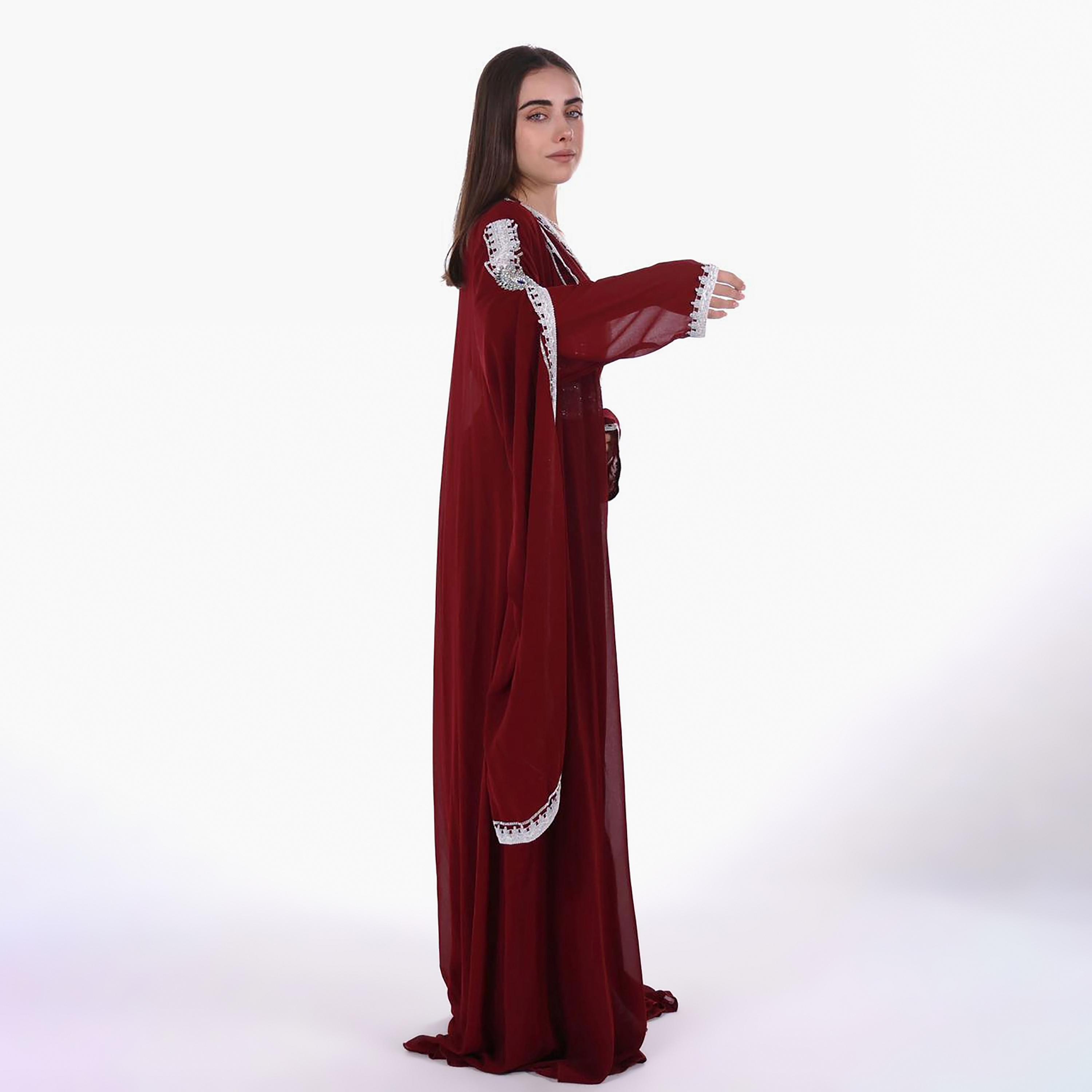 AL BENT AL SHARQIEH Embroidered & Crystal Work Cape Sleeves Linen Women's Jalabiya with Belt-women-arabicclothing-jalabiyas-image-3