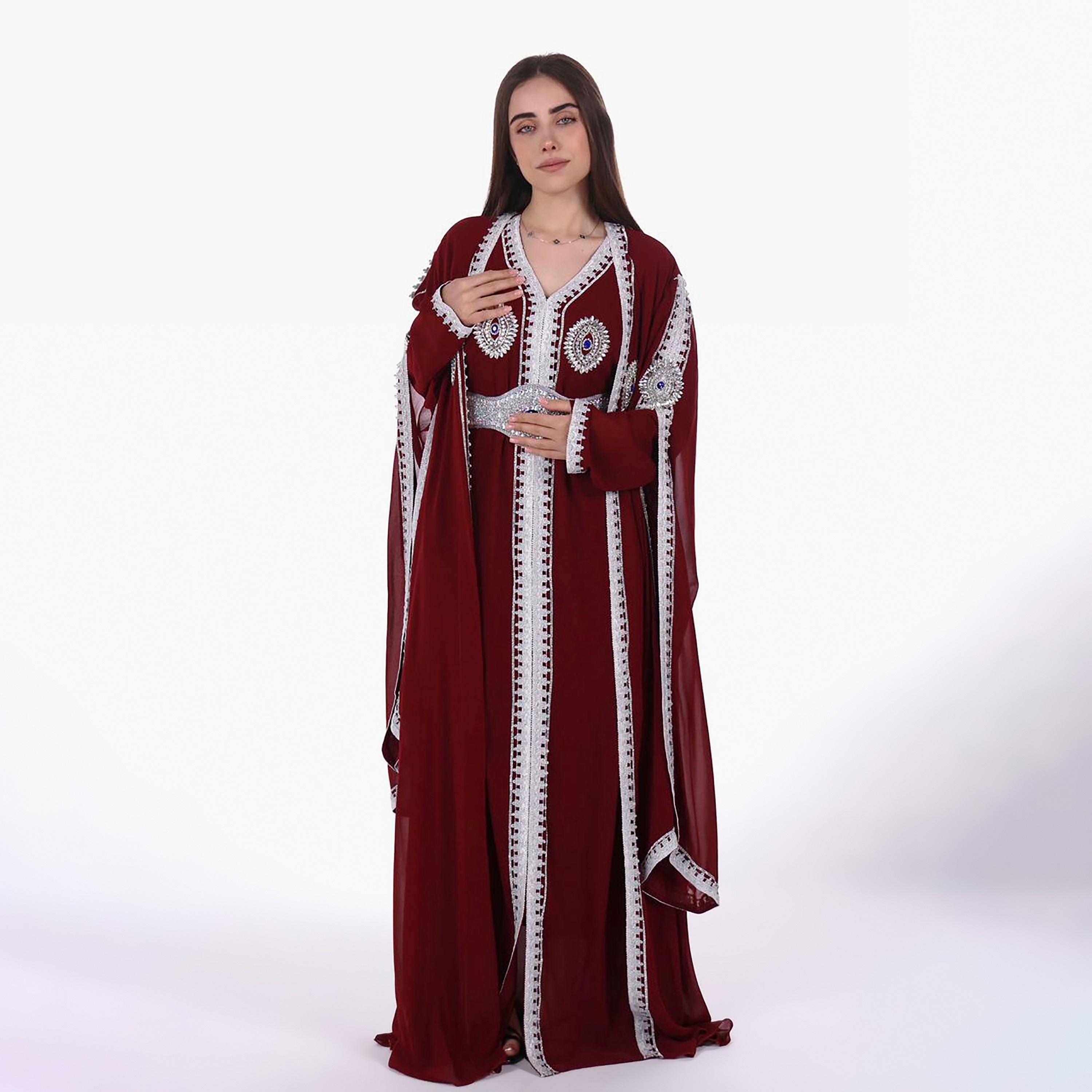 AL BENT AL SHARQIEH Embroidered & Crystal Work Cape Sleeves Linen Women's Jalabiya with Belt-women-arabicclothing-jalabiyas-image-4