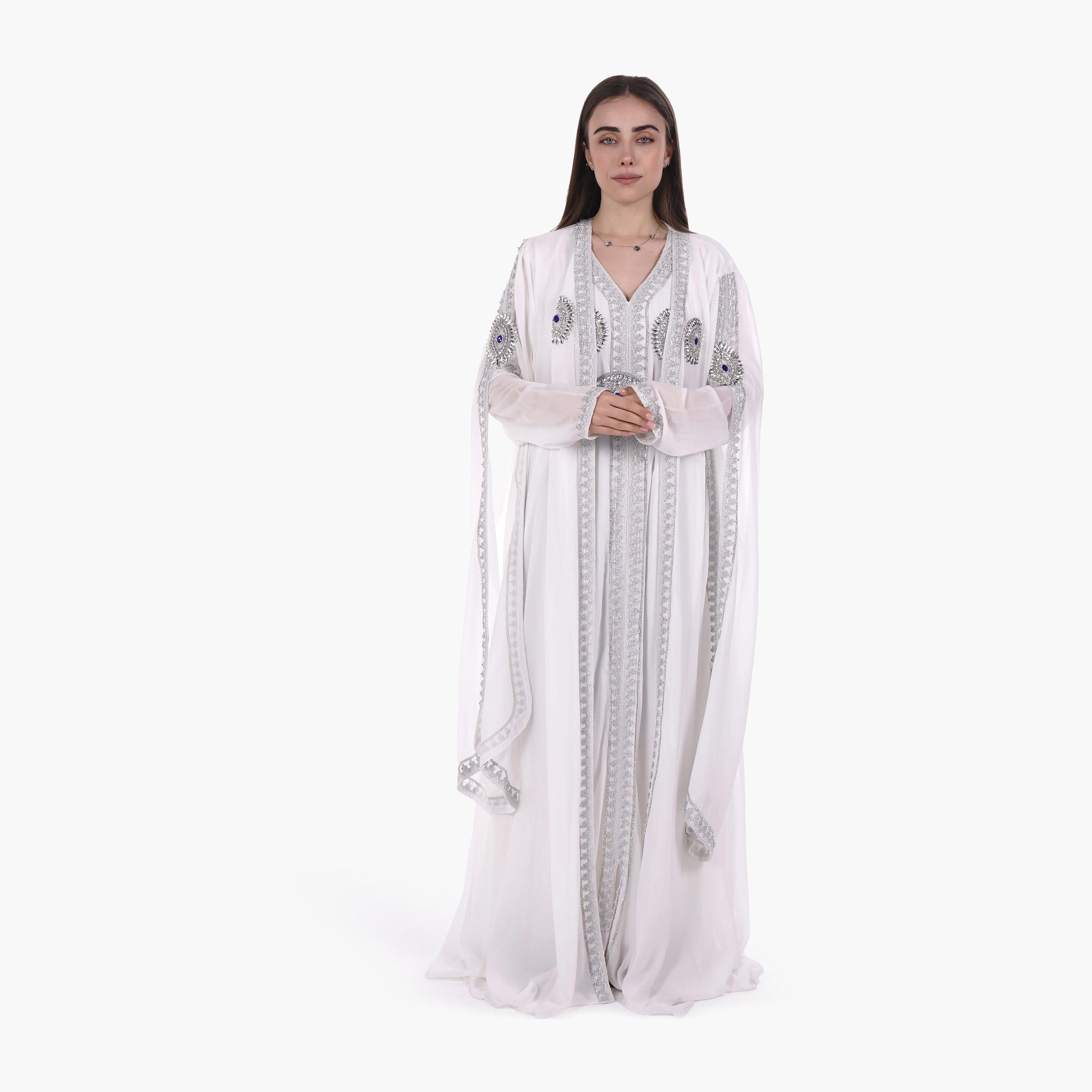 AL BENT AL SHARQIEH Embroidered & Crystal Work Cape Sleeves Linen Women's Jalabiya with Belt-women-arabicclothing-jalabiyas-image-1
