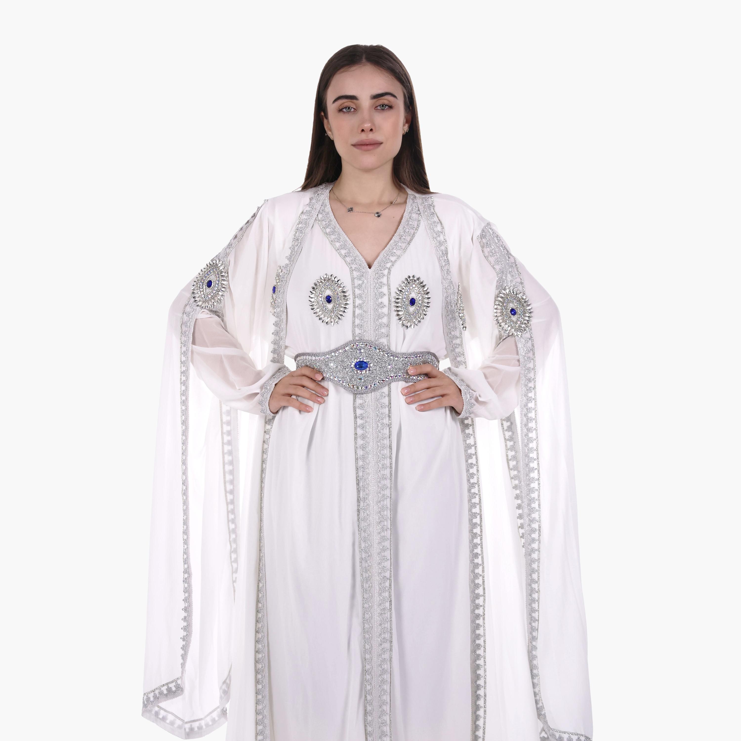 AL BENT AL SHARQIEH Embroidered & Crystal Work Cape Sleeves Linen Women's Jalabiya with Belt-women-arabicclothing-jalabiyas-image-2