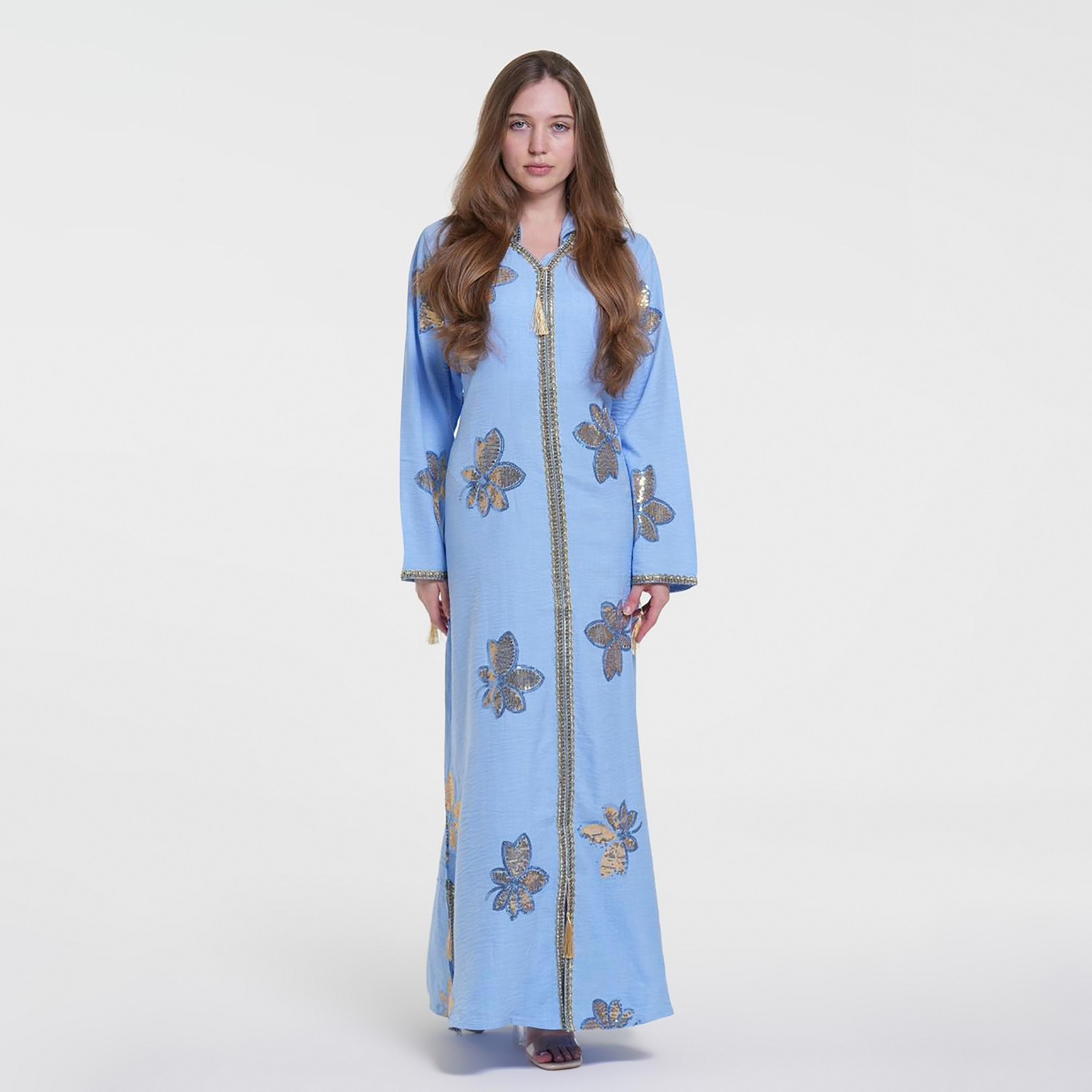 جلابية سهرة كتان بغطاء رأس (كابيشون) وتطريز زهور من الترتر من البنت الشرقية-women-arabicclothing-jalabiyas-image-1