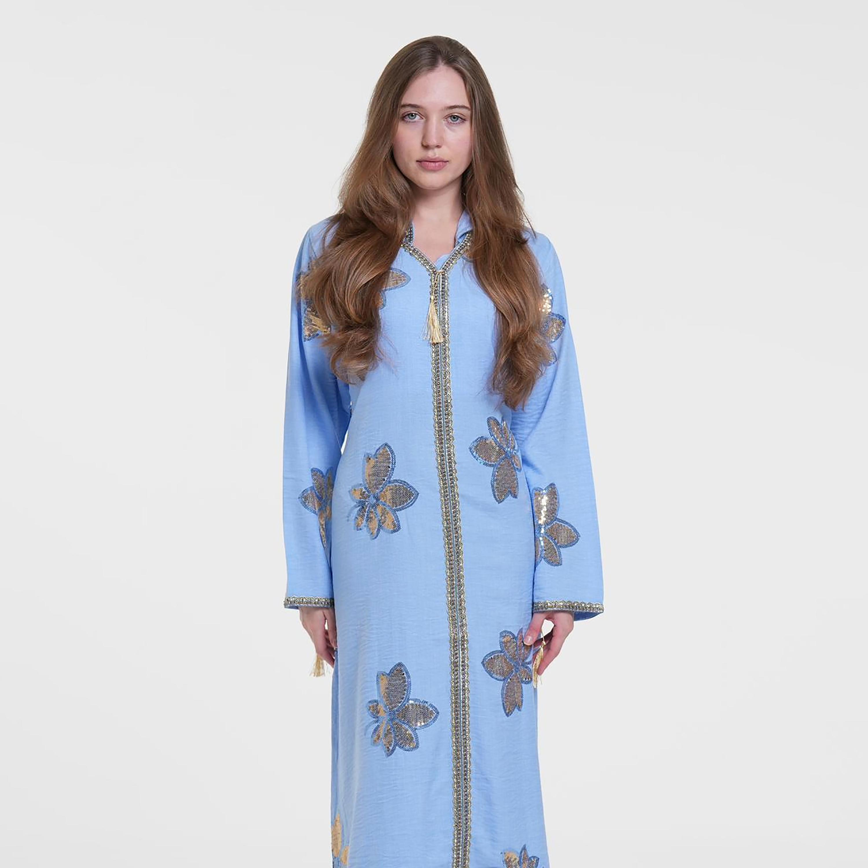 جلابية سهرة كتان بغطاء رأس (كابيشون) وتطريز زهور من الترتر من البنت الشرقية-women-arabicclothing-jalabiyas-image-3