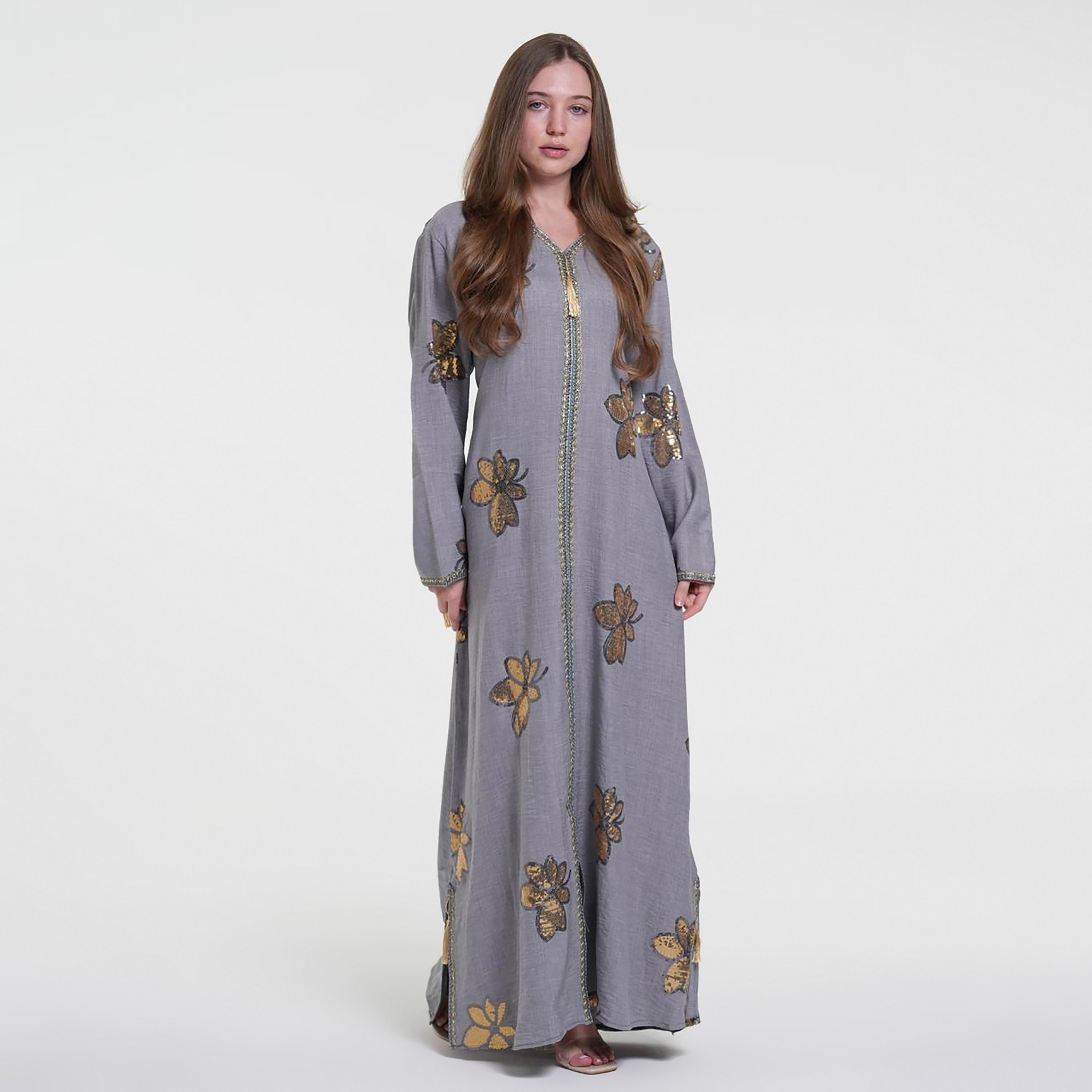 Al Bent Al Sharqieh Sequined Floral Hooded Linen Women's Evening Jalabiya-women-arabicclothing-jalabiyas-image-1