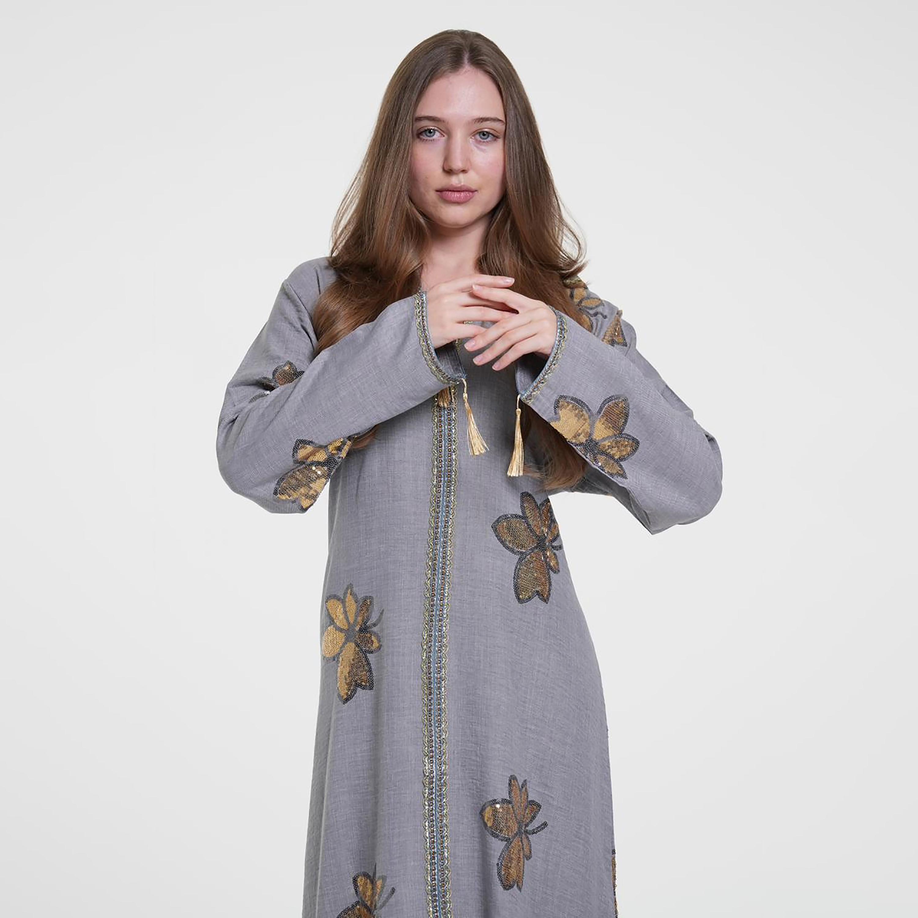 Al Bent Al Sharqieh Sequined Floral Hooded Linen Women's Evening Jalabiya-women-arabicclothing-jalabiyas-image-2