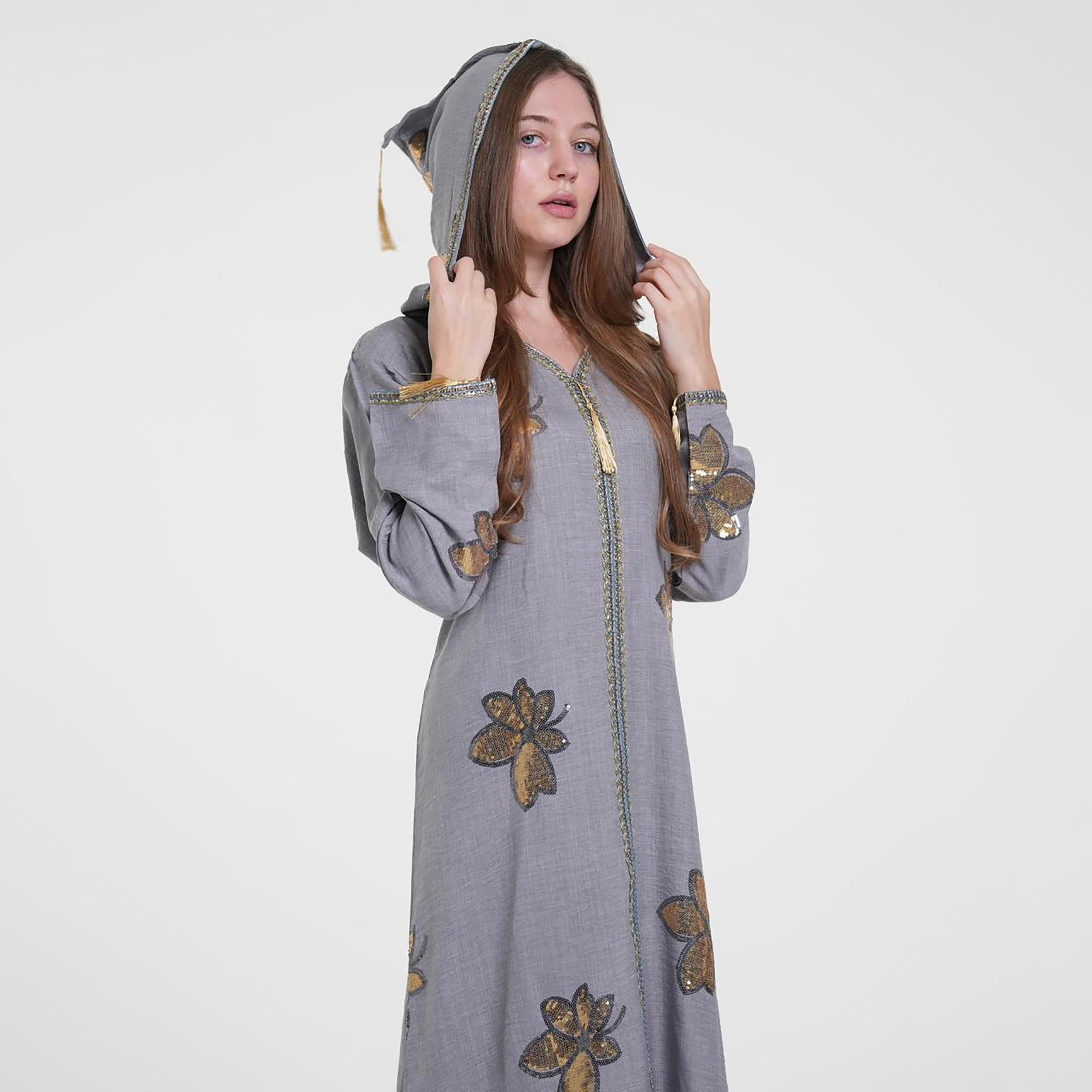 Al Bent Al Sharqieh Sequined Floral Hooded Linen Women's Evening Jalabiya-women-arabicclothing-jalabiyas-image-3
