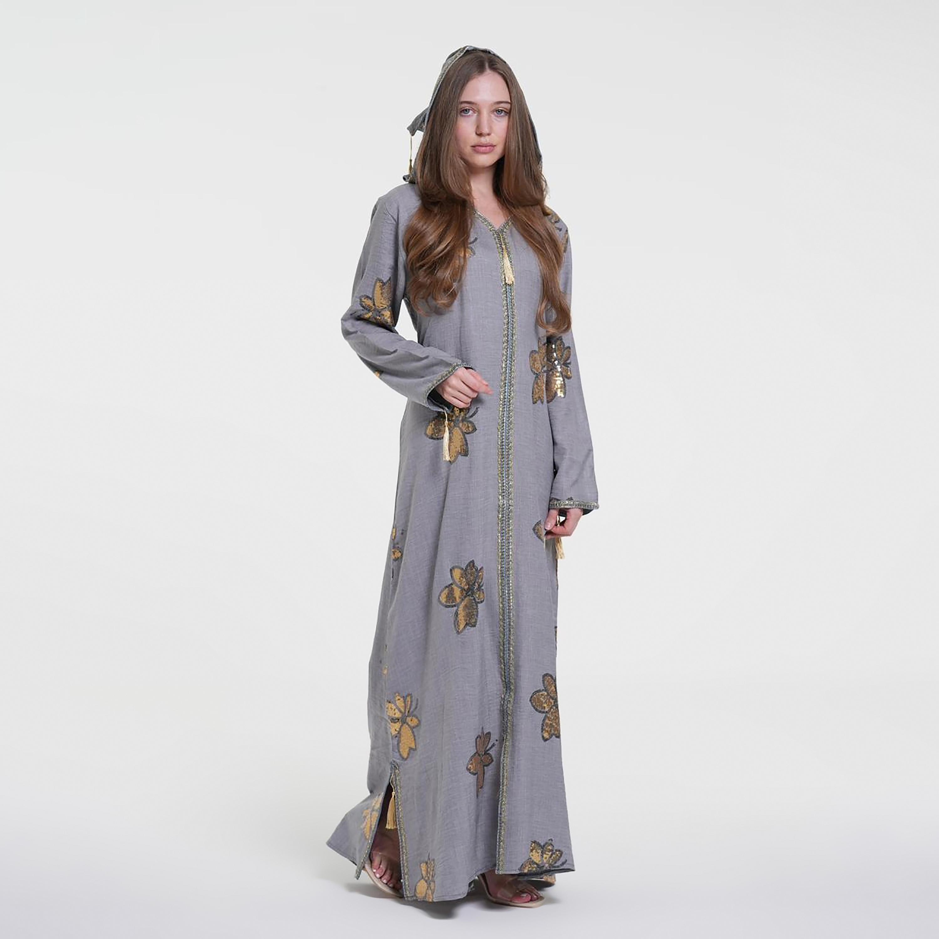 Al Bent Al Sharqieh Sequined Floral Hooded Linen Women's Evening Jalabiya-women-arabicclothing-jalabiyas-image-4