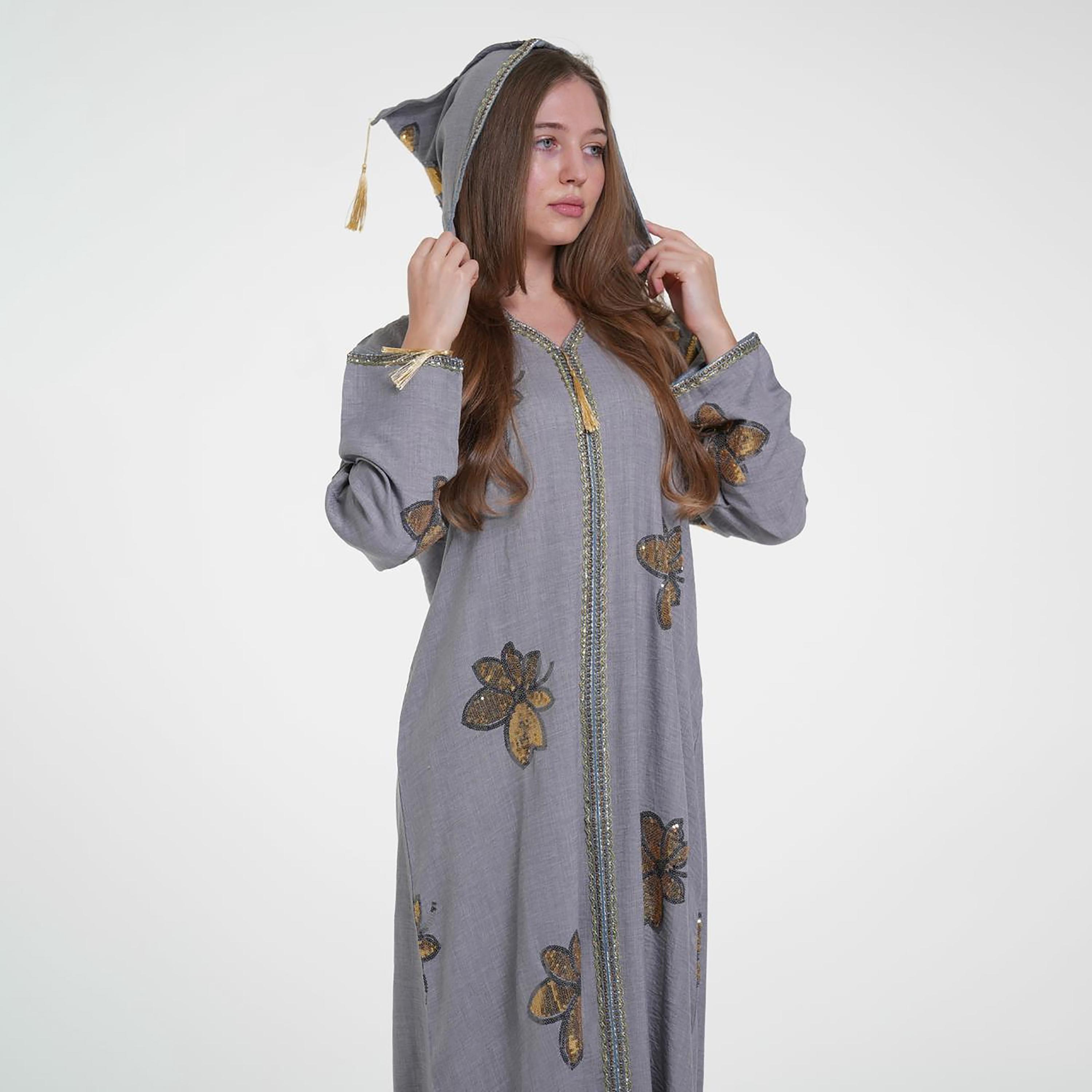 Al Bent Al Sharqieh Sequined Floral Hooded Linen Women's Evening Jalabiya-women-arabicclothing-jalabiyas-image-5