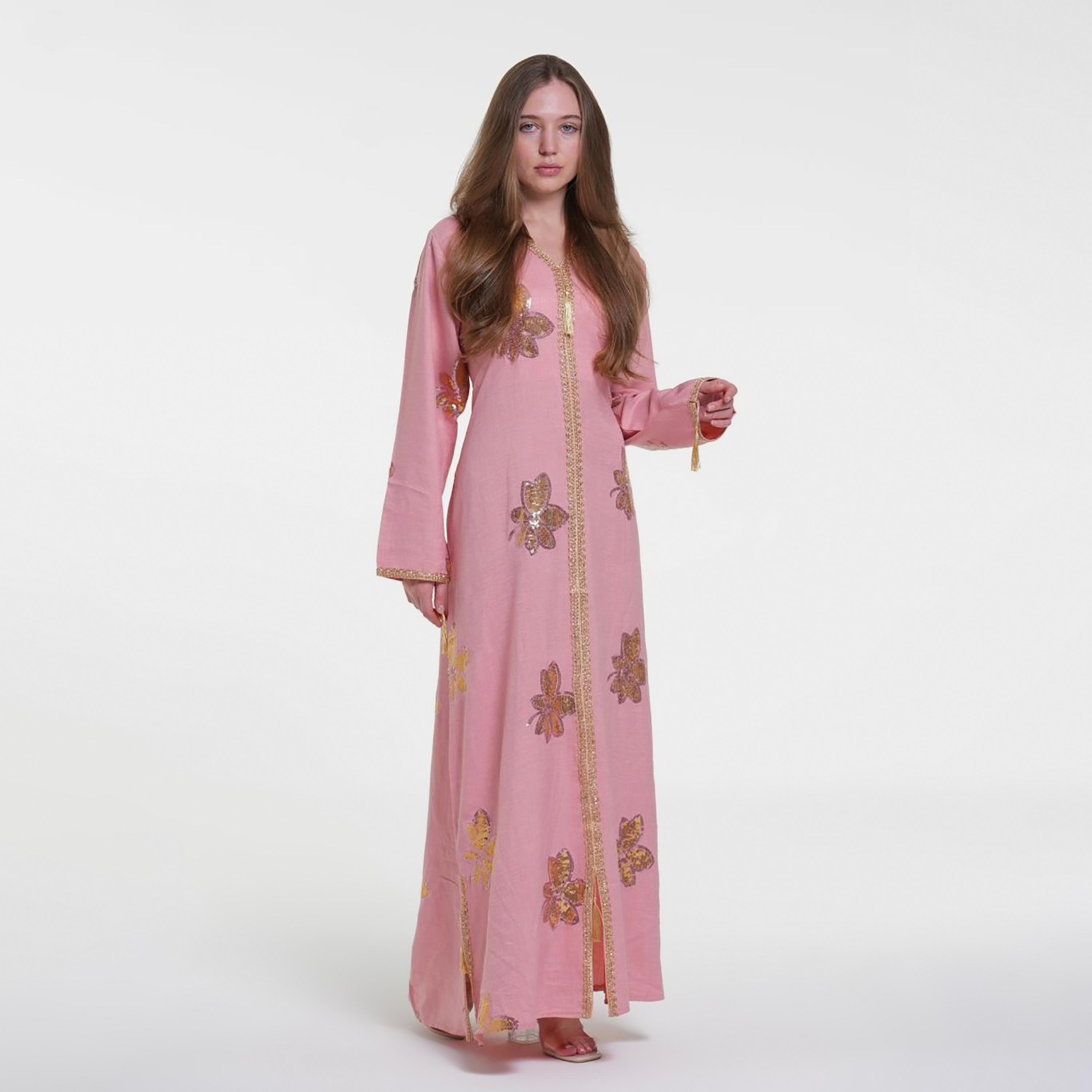 Al Bent Al Sharqieh Sequined Floral Hooded Linen Women's Evening Jalabiya-women-arabicclothing-jalabiyas-image-1