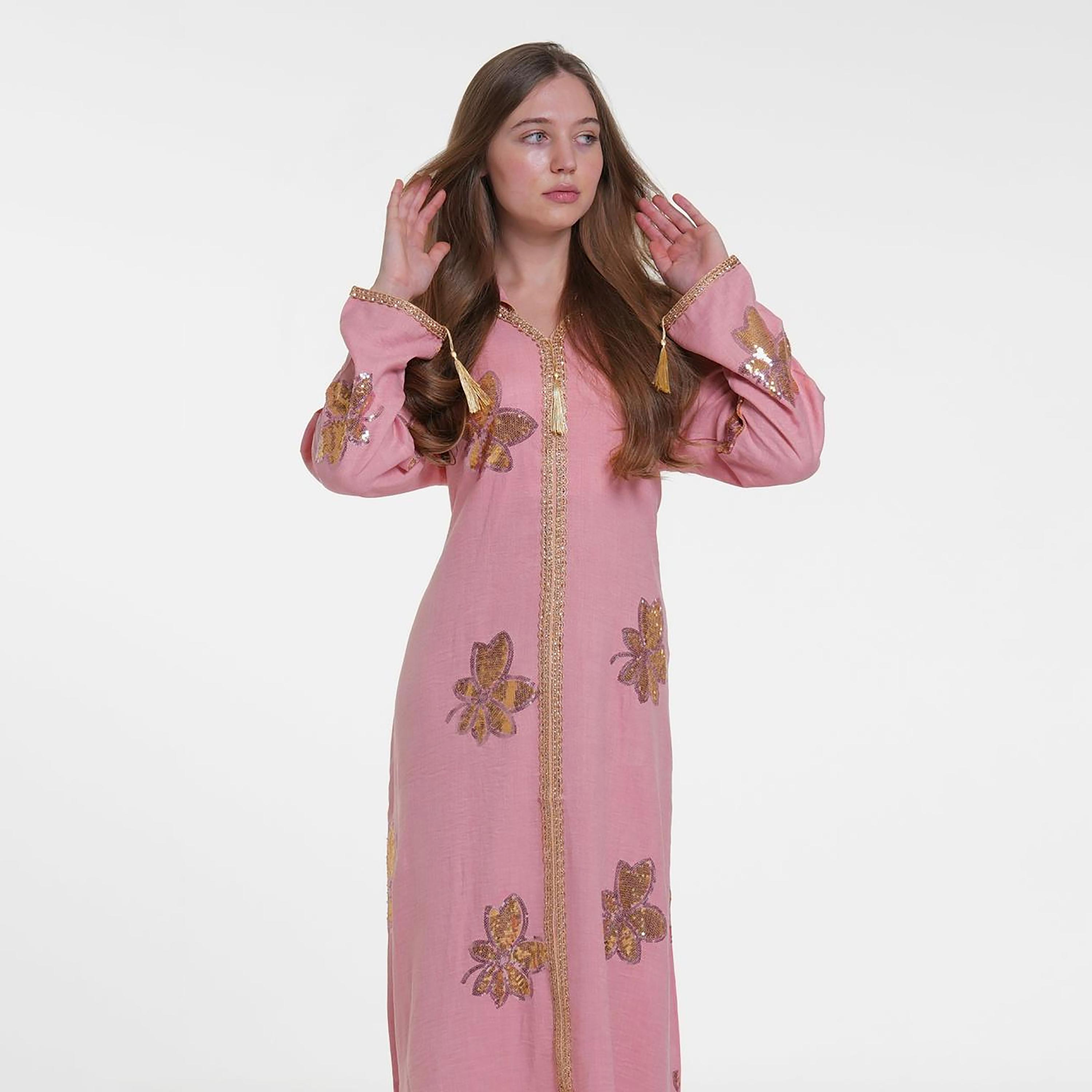 Al Bent Al Sharqieh Sequined Floral Hooded Linen Women's Evening Jalabiya-women-arabicclothing-jalabiyas-image-2