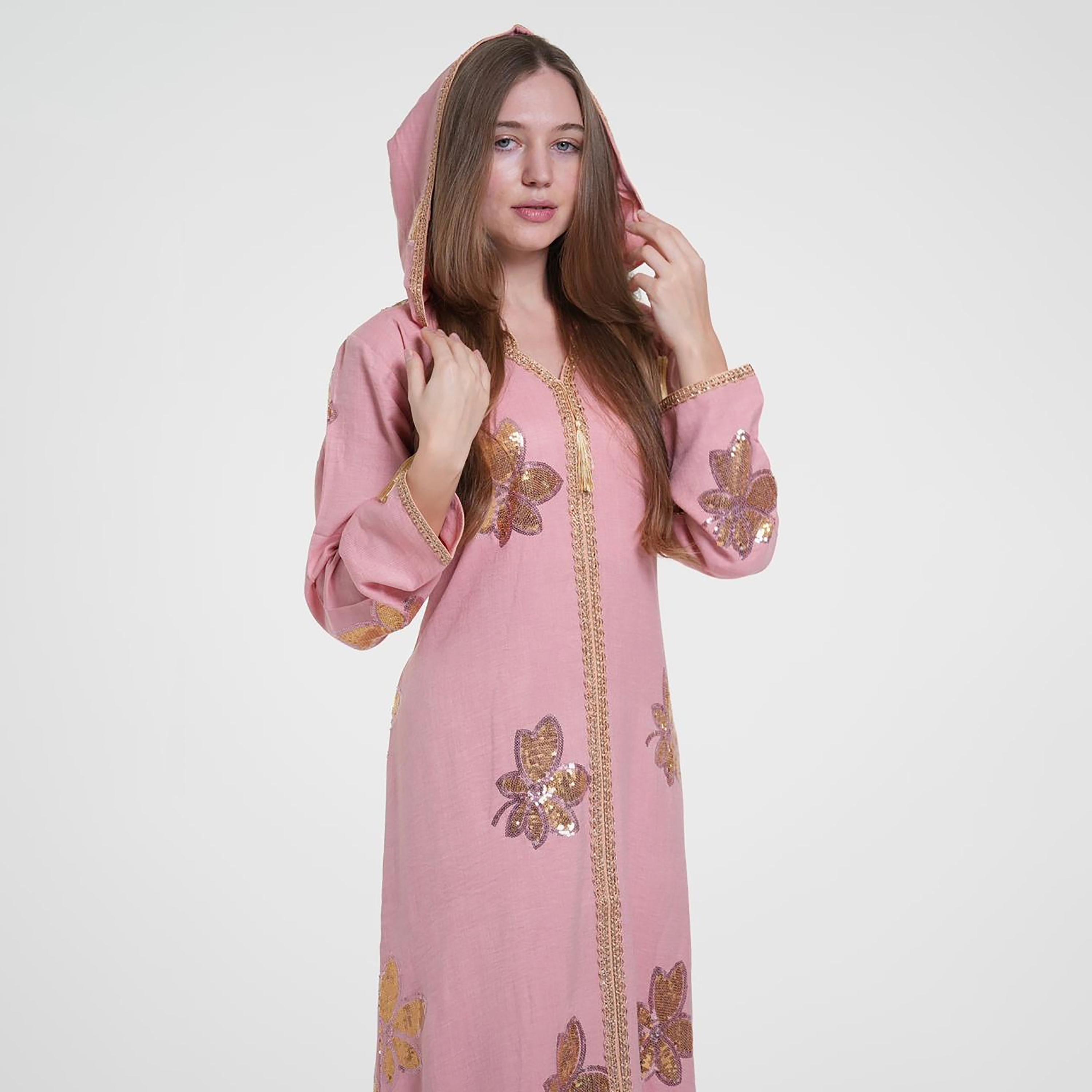 Al Bent Al Sharqieh Sequined Floral Hooded Linen Women's Evening Jalabiya-women-arabicclothing-jalabiyas-image-3