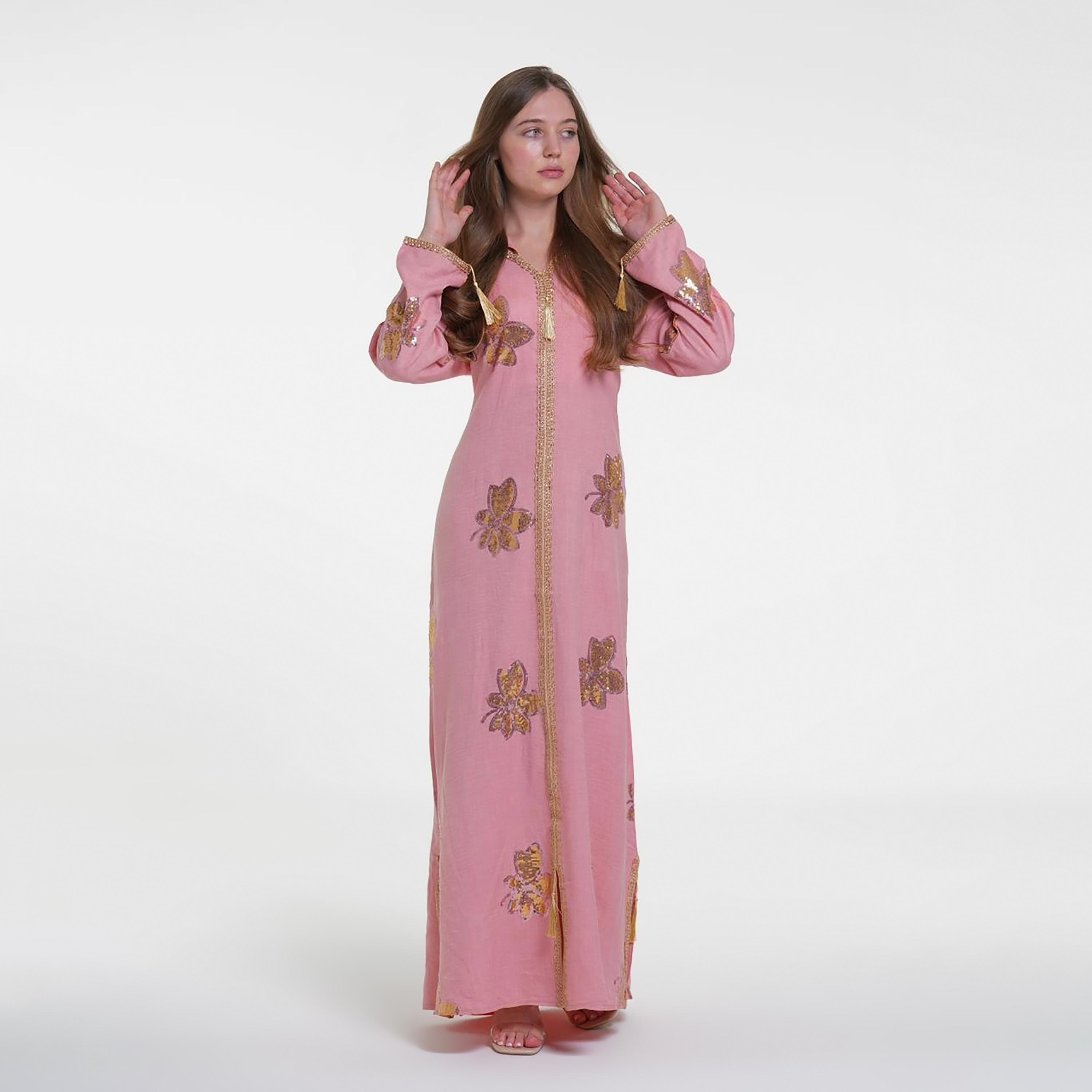 Al Bent Al Sharqieh Sequined Floral Hooded Linen Women's Evening Jalabiya-women-arabicclothing-jalabiyas-image-4