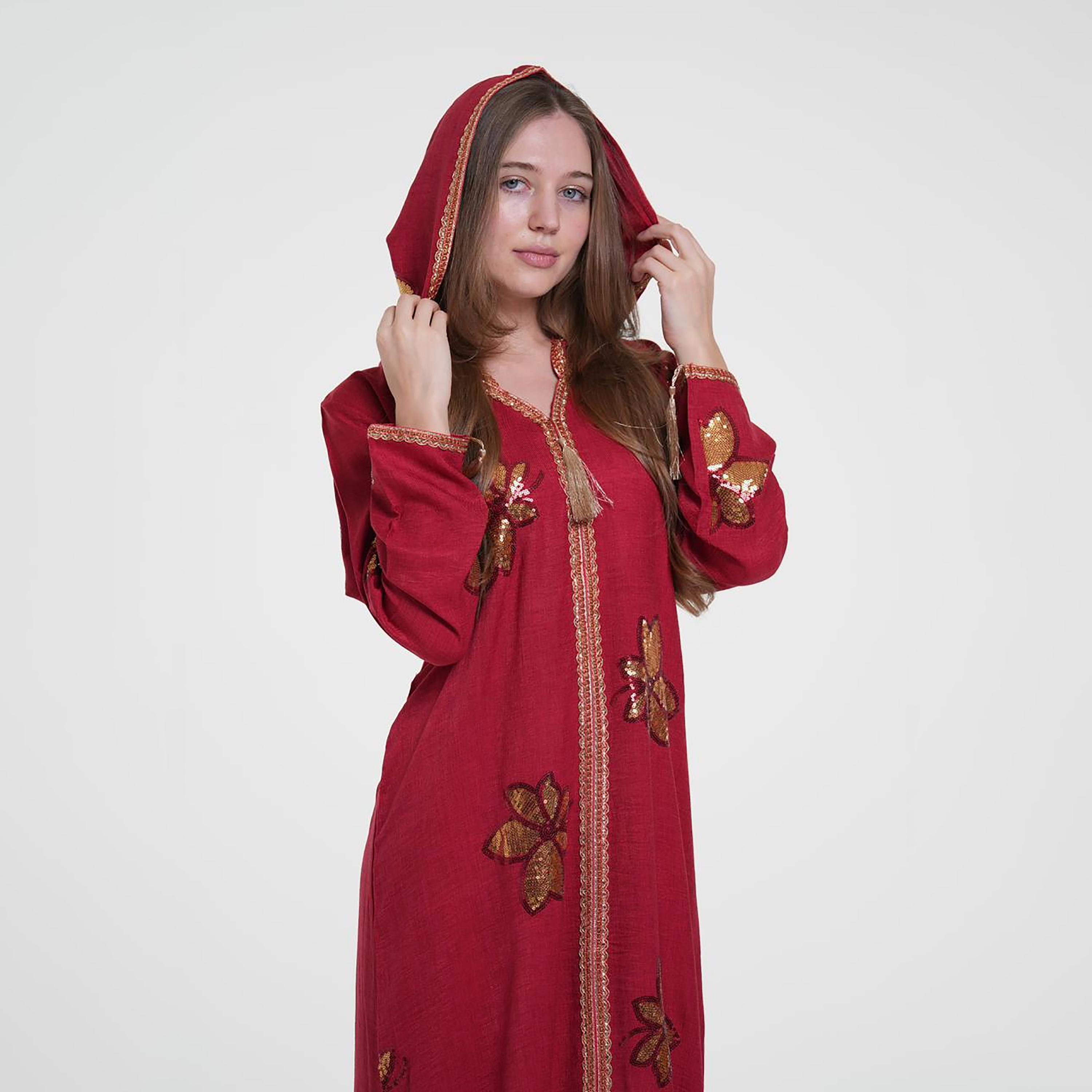 Al Bent Al Sharqieh Sequined Floral Hooded Linen Women's Evening Jalabiya-women-arabicclothing-jalabiyas-image-2