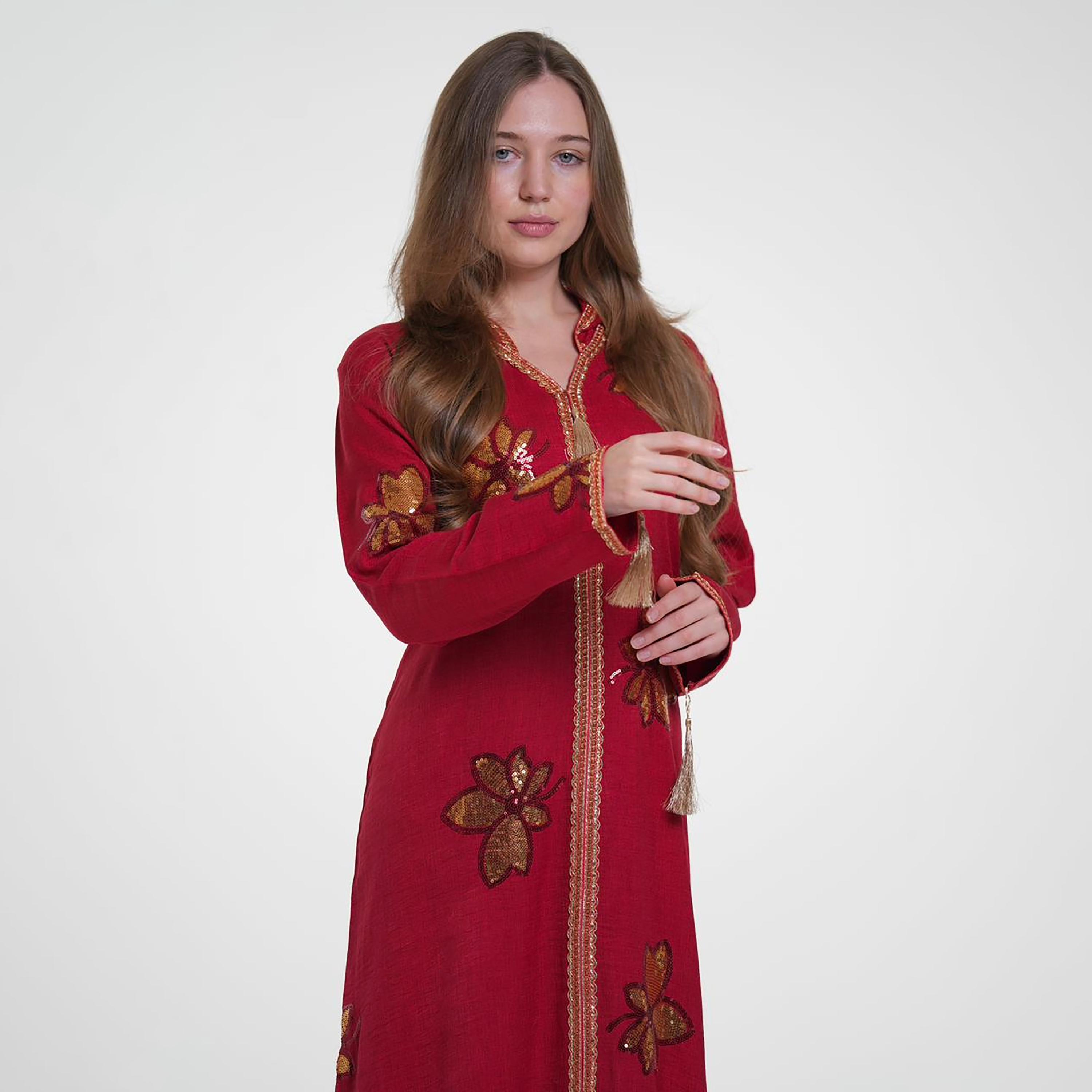 Al Bent Al Sharqieh Sequined Floral Hooded Linen Women's Evening Jalabiya-women-arabicclothing-jalabiyas-image-3