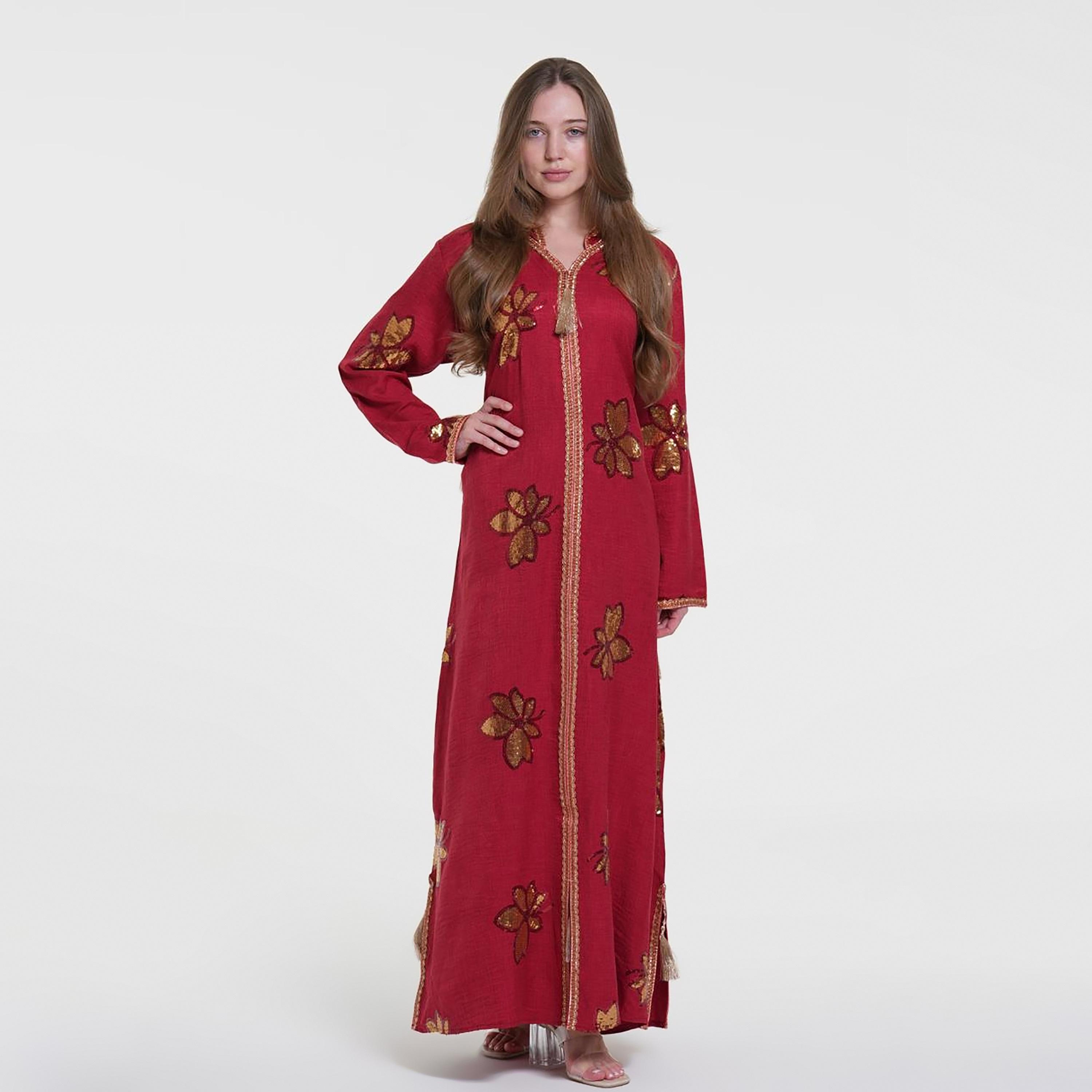Al Bent Al Sharqieh Sequined Floral Hooded Linen Women's Evening Jalabiya-women-arabicclothing-jalabiyas-image-4