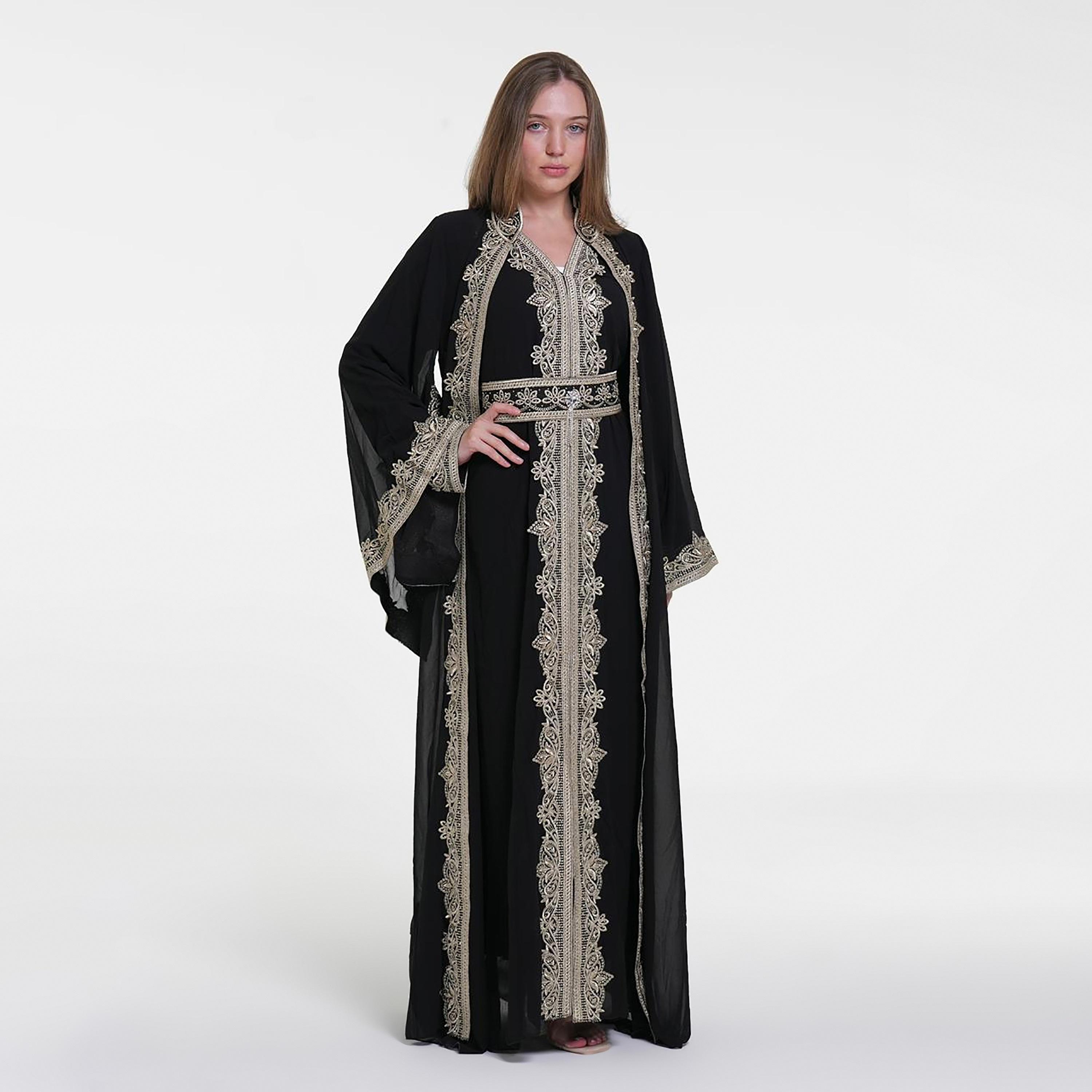 Al Bent Al Sharqieh Embroidered Mandarin Collar Flared Sleeves Chiffon Women's Moroccan Jalabiya-women-arabicclothing-jalabiyas-image-1