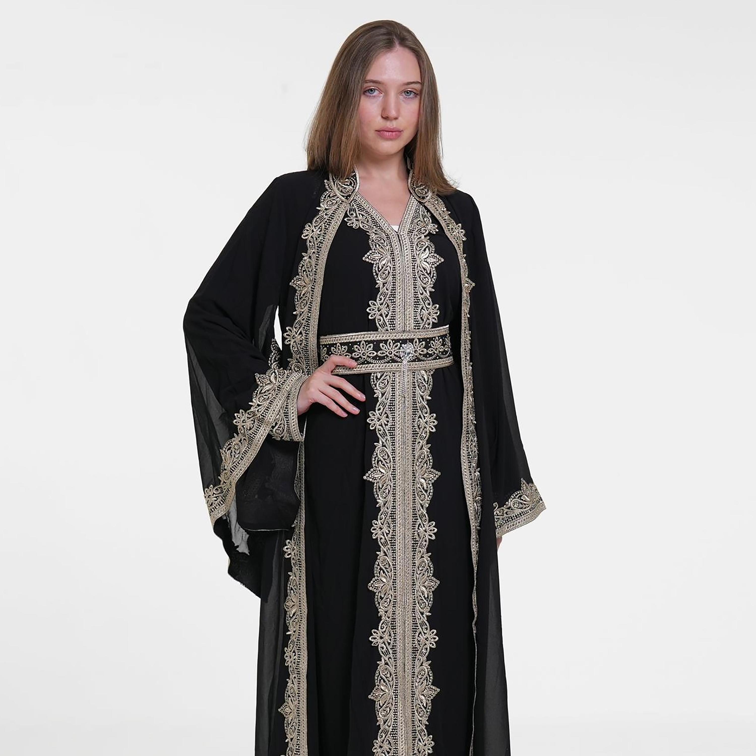 Al Bent Al Sharqieh Embroidered Mandarin Collar Flared Sleeves Chiffon Women's Moroccan Jalabiya-women-arabicclothing-jalabiyas-image-2