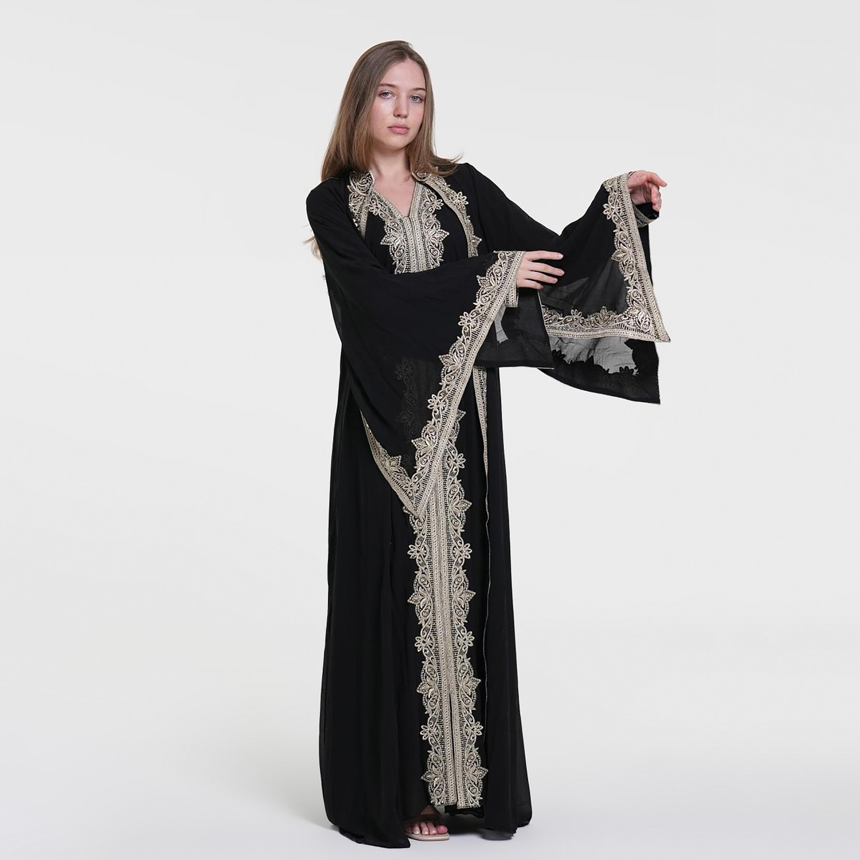 Al Bent Al Sharqieh Embroidered Mandarin Collar Flared Sleeves Chiffon Women's Moroccan Jalabiya-women-arabicclothing-jalabiyas-image-3