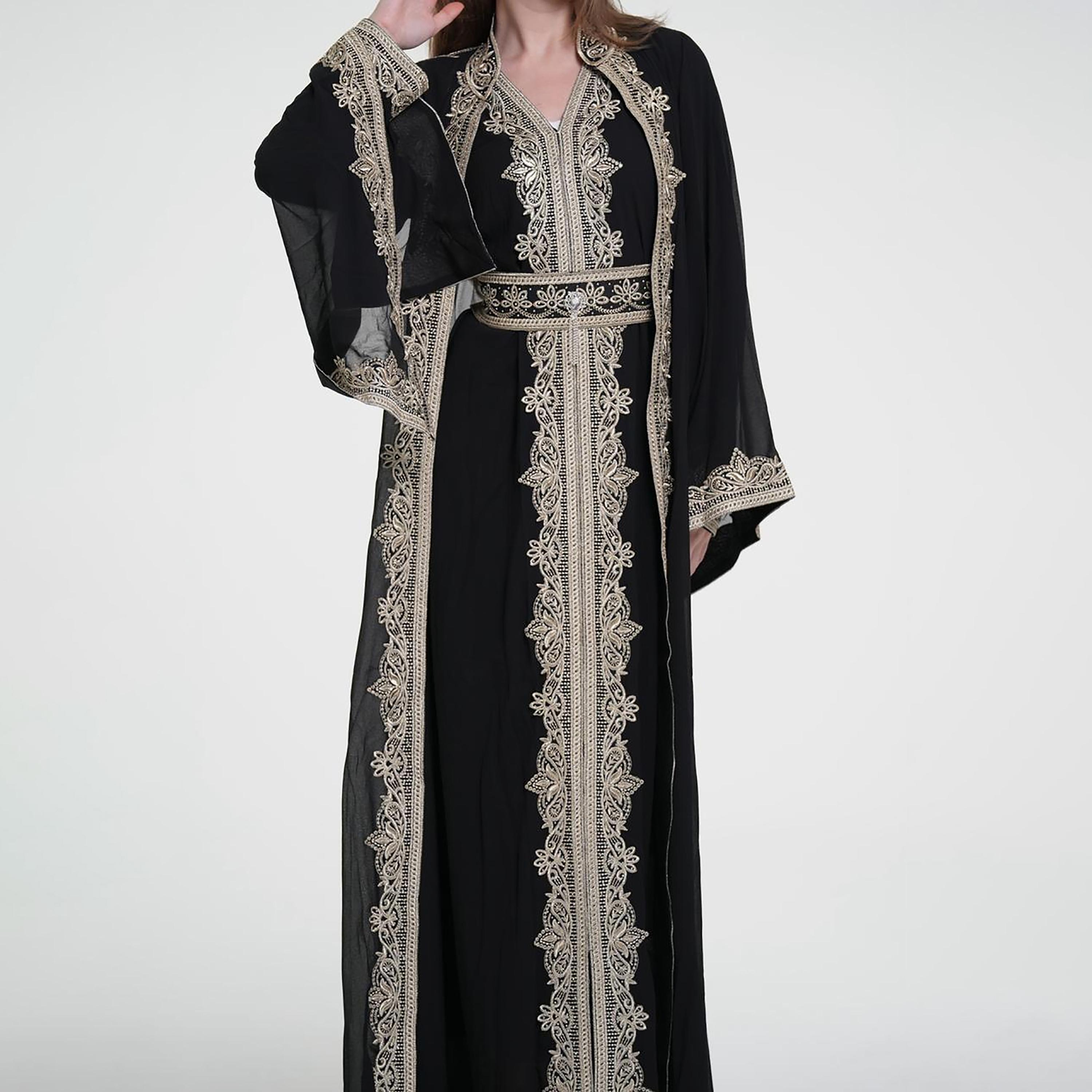 Al Bent Al Sharqieh Embroidered Mandarin Collar Flared Sleeves Chiffon Women's Moroccan Jalabiya-women-arabicclothing-jalabiyas-image-4