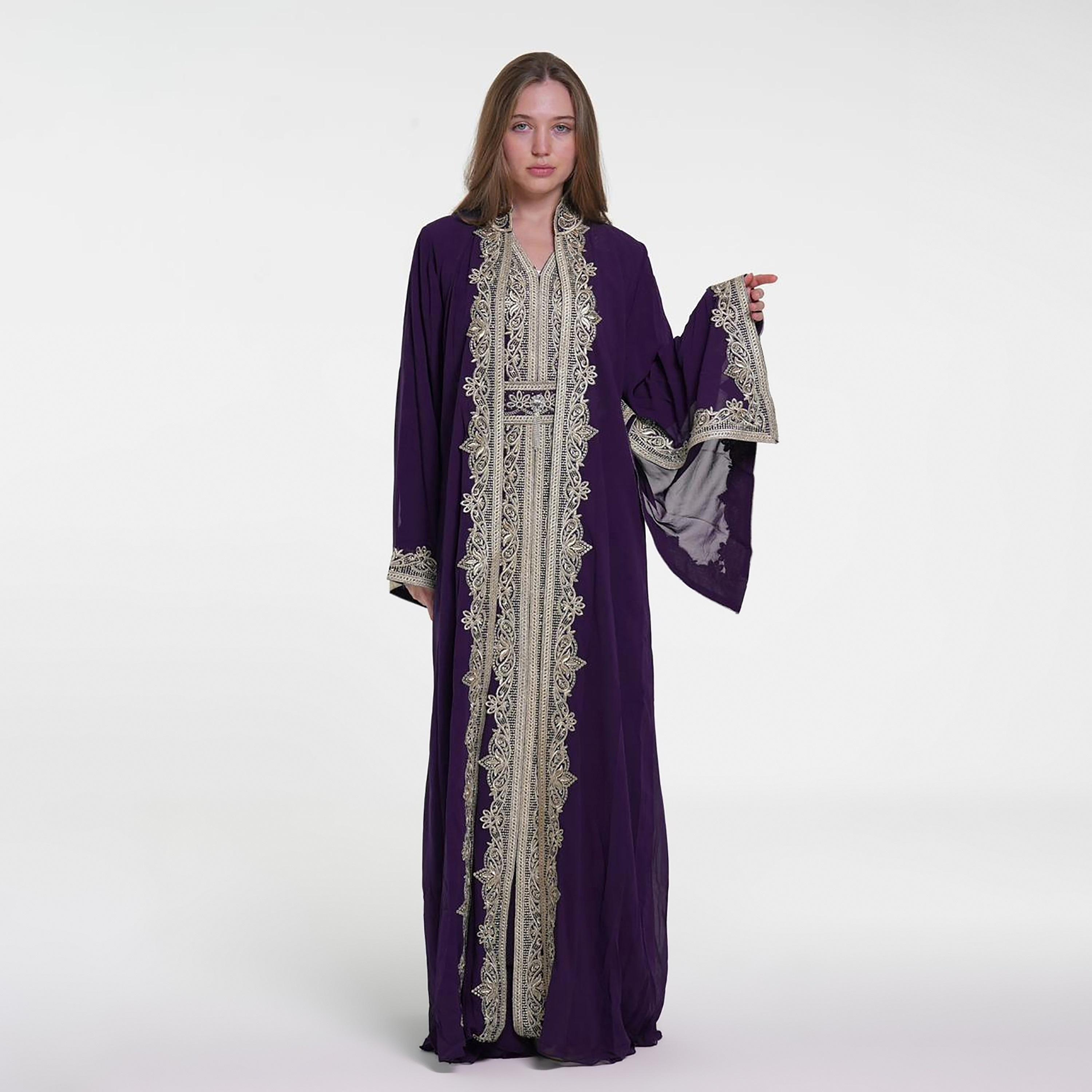 Al Bent Al Sharqieh Embroidered Mandarin Collar Flared Sleeves Chiffon Women's Moroccan Jalabiya-women-arabicclothing-jalabiyas-image-1