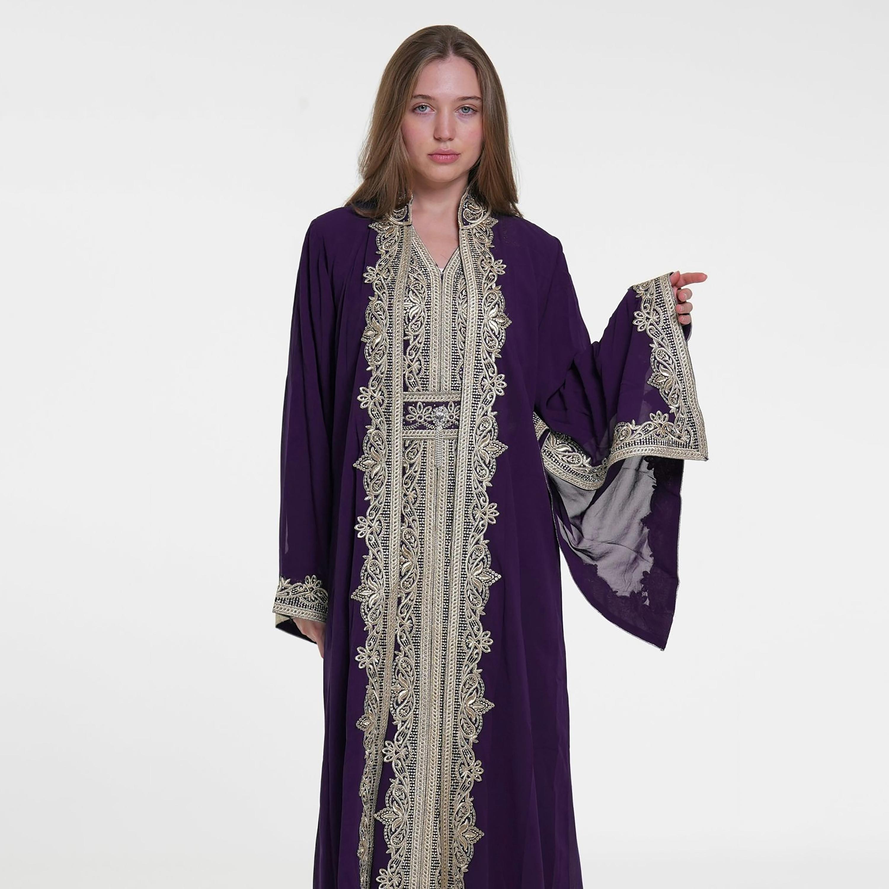 Al Bent Al Sharqieh Embroidered Mandarin Collar Flared Sleeves Chiffon Women's Moroccan Jalabiya-women-arabicclothing-jalabiyas-image-2