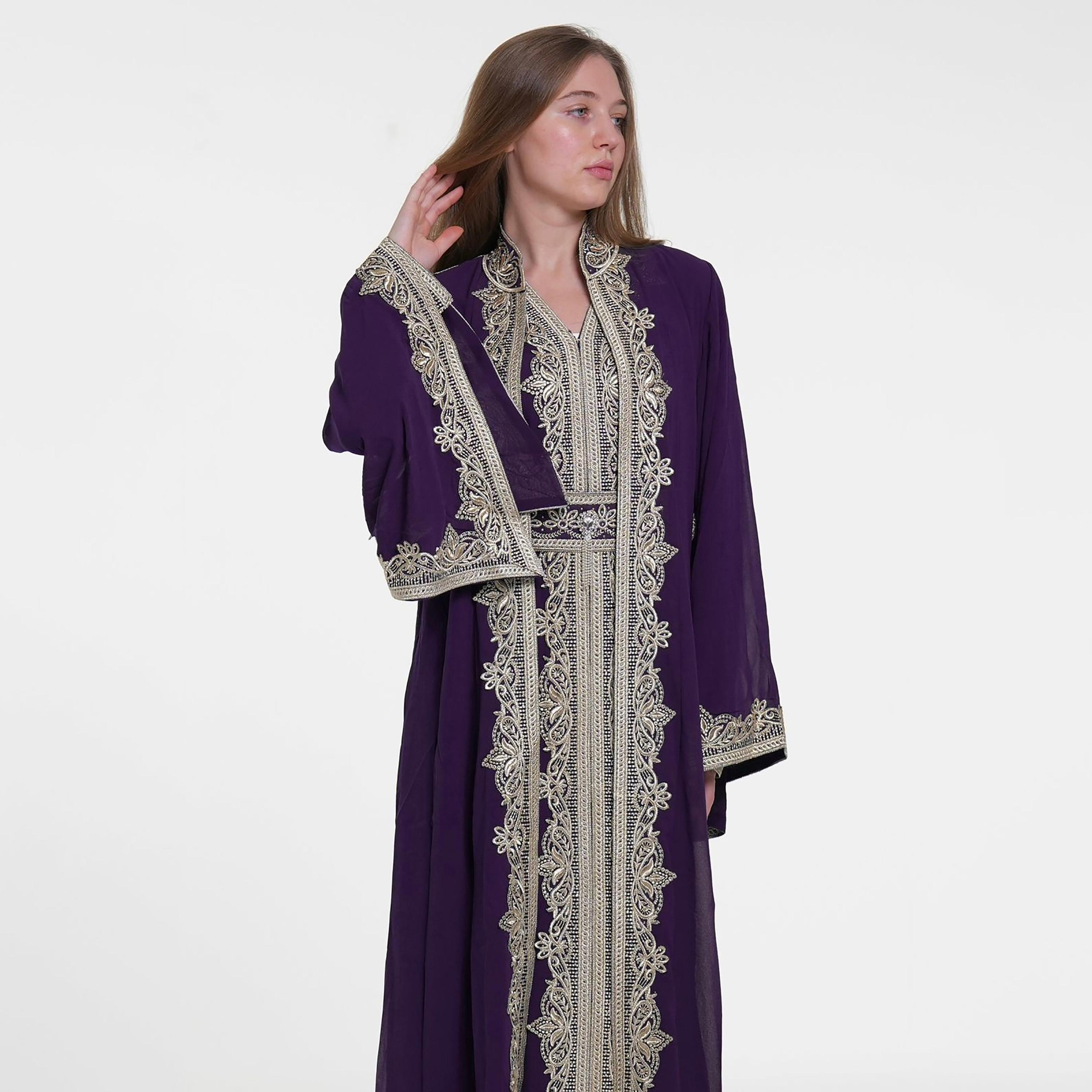 Al Bent Al Sharqieh Embroidered Mandarin Collar Flared Sleeves Chiffon Women's Moroccan Jalabiya-women-arabicclothing-jalabiyas-image-3