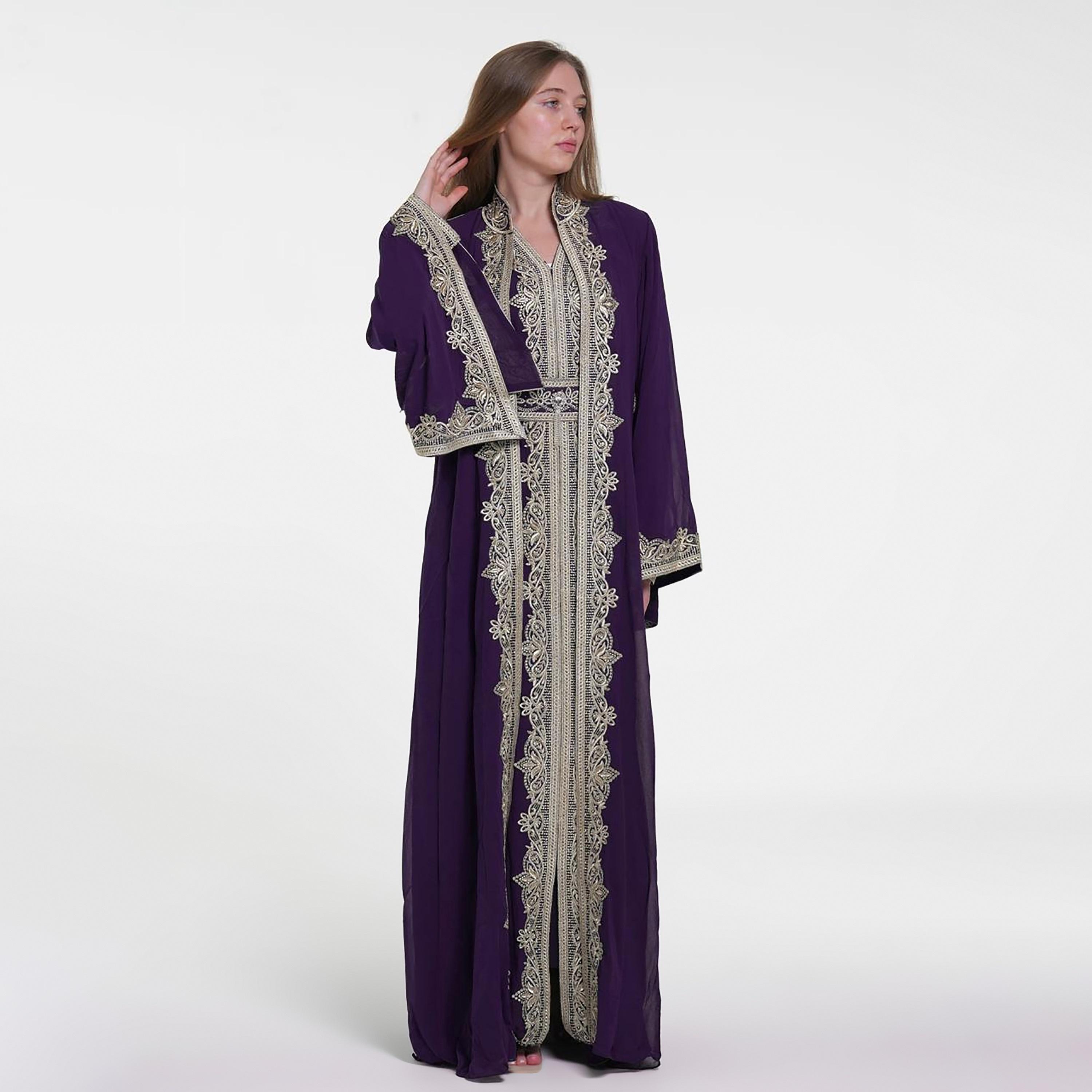 Al Bent Al Sharqieh Embroidered Mandarin Collar Flared Sleeves Chiffon Women's Moroccan Jalabiya-women-arabicclothing-jalabiyas-image-4