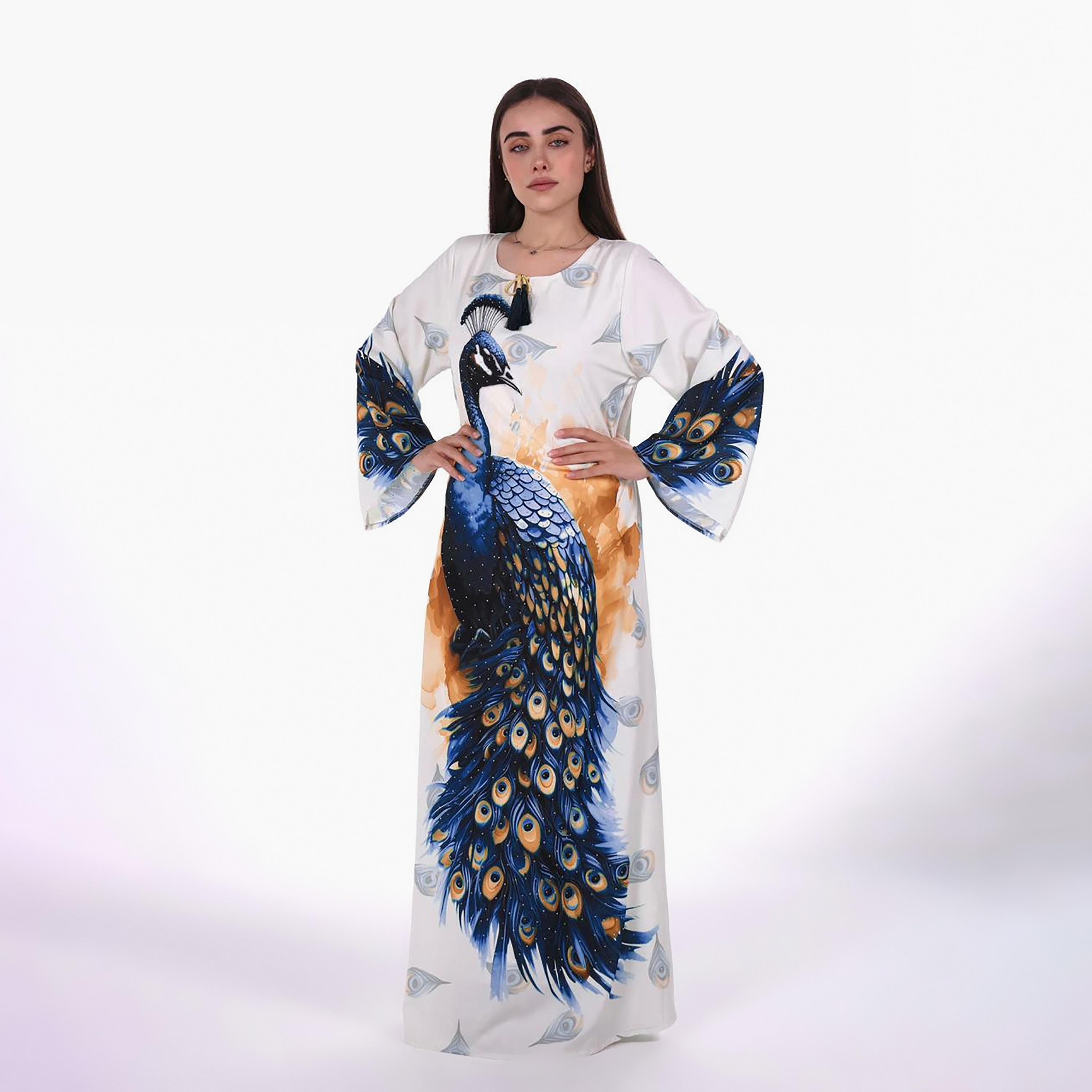 Al Bent Al Sharqieh Peacock Graphic Print Flared Sleeves Women's Jalabiya-women-arabicclothing-jalabiyas-image-1