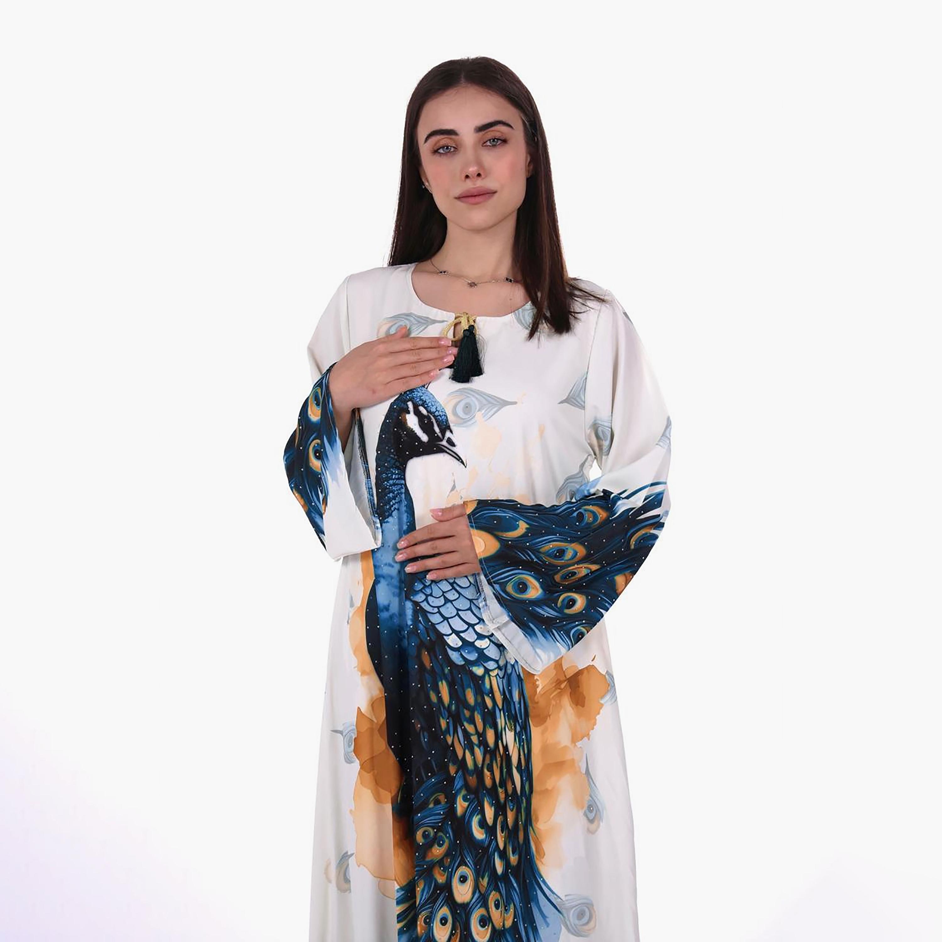 Al Bent Al Sharqieh Peacock Graphic Print Flared Sleeves Women's Jalabiya-women-arabicclothing-jalabiyas-image-2