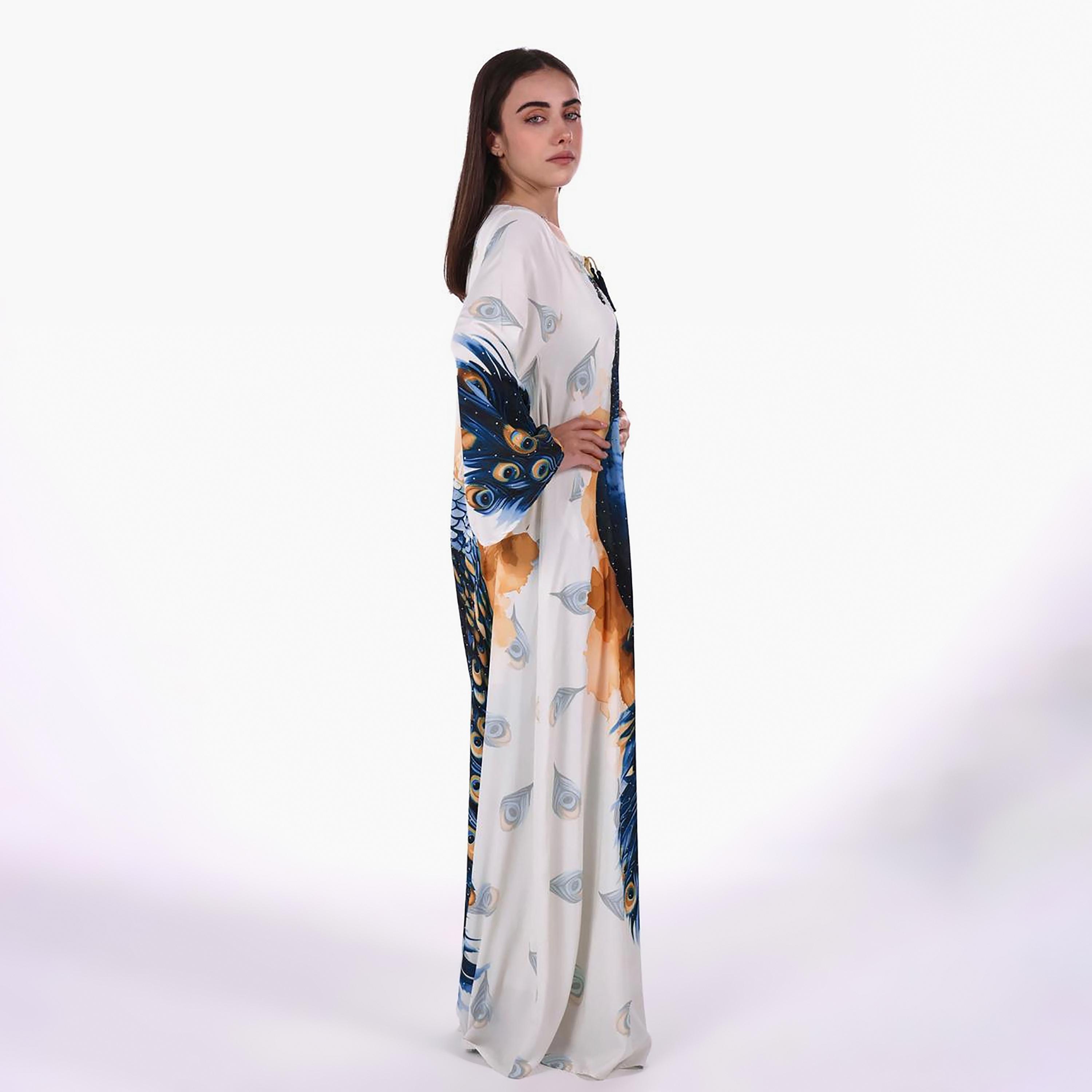 Al Bent Al Sharqieh Peacock Graphic Print Flared Sleeves Women's Jalabiya-women-arabicclothing-jalabiyas-image-3