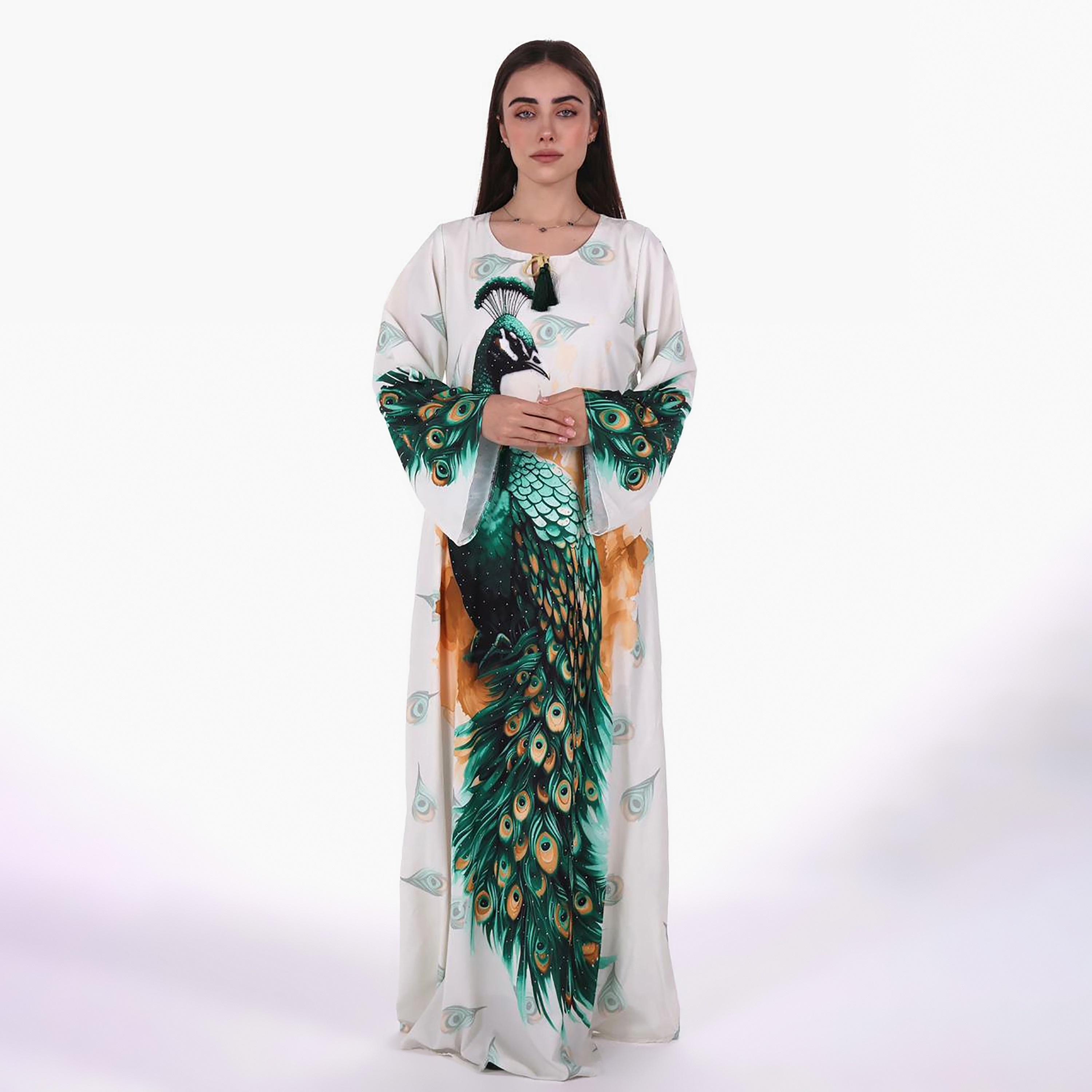 Al Bent Al Sharqieh Peacock Graphic Print Flared Sleeves Women's Jalabiya-women-arabicclothing-jalabiyas-image-1