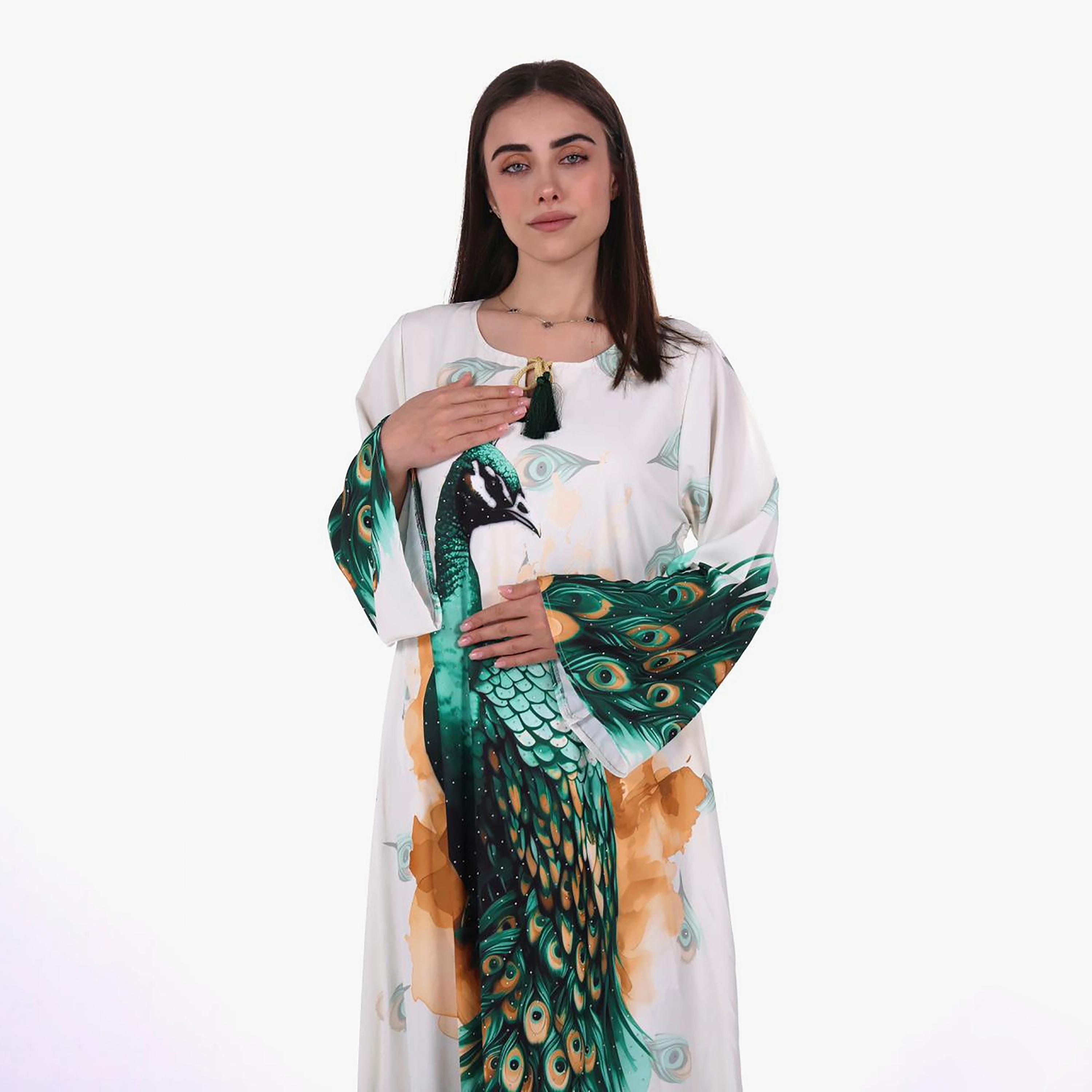 Al Bent Al Sharqieh Peacock Graphic Print Flared Sleeves Women's Jalabiya-women-arabicclothing-jalabiyas-image-2