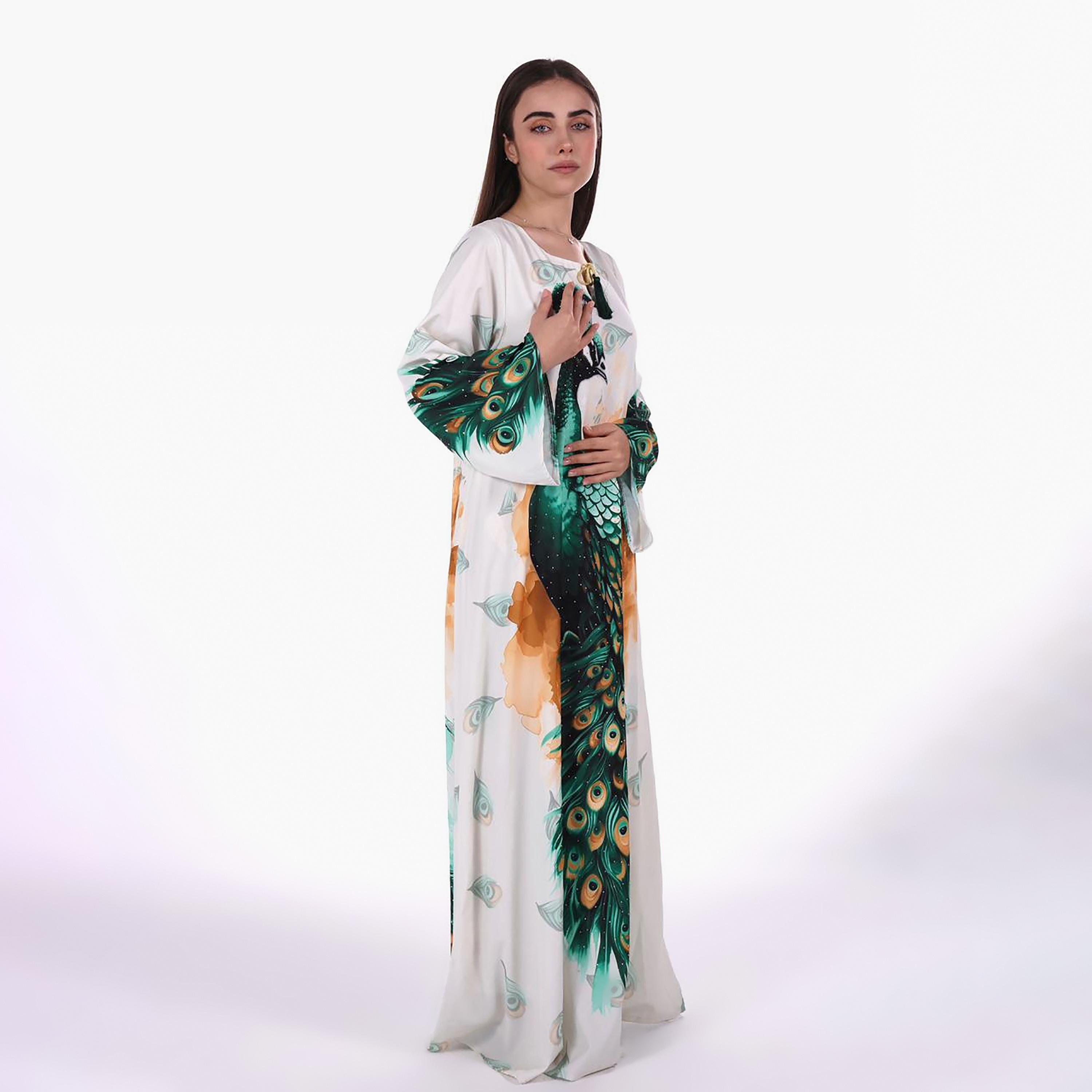 Al Bent Al Sharqieh Peacock Graphic Print Flared Sleeves Women's Jalabiya-women-arabicclothing-jalabiyas-image-3