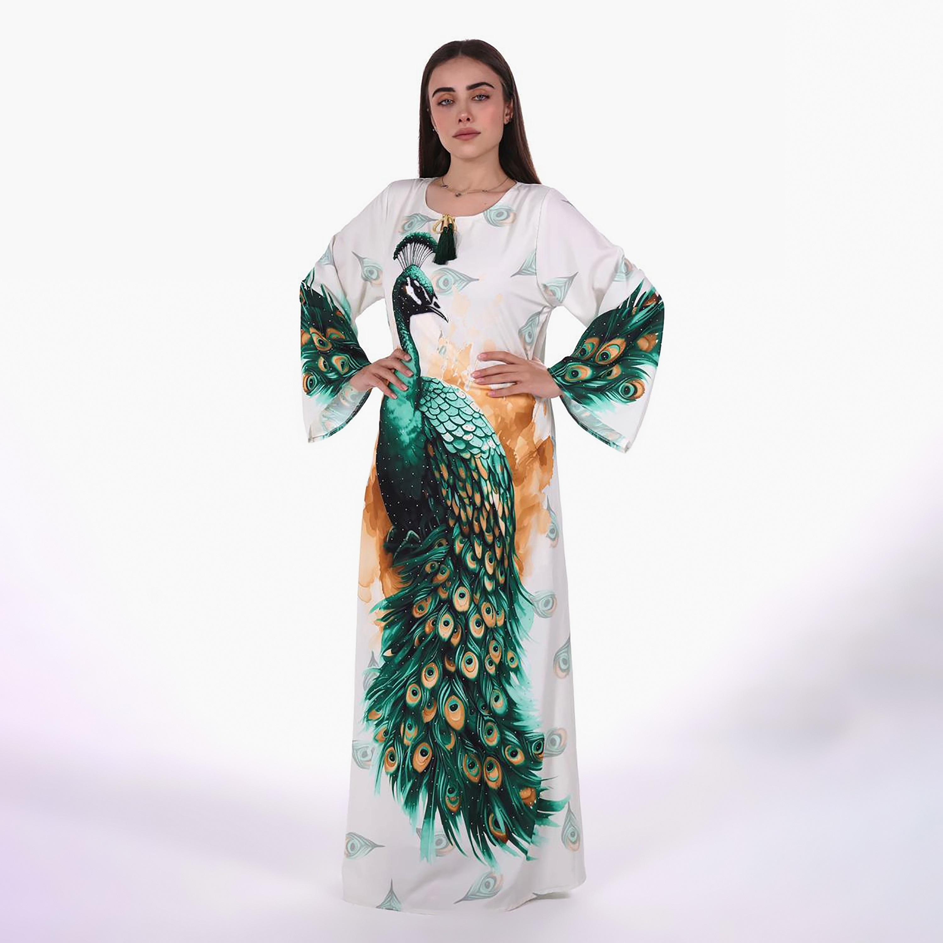 Al Bent Al Sharqieh Peacock Graphic Print Flared Sleeves Women's Jalabiya-women-arabicclothing-jalabiyas-image-4