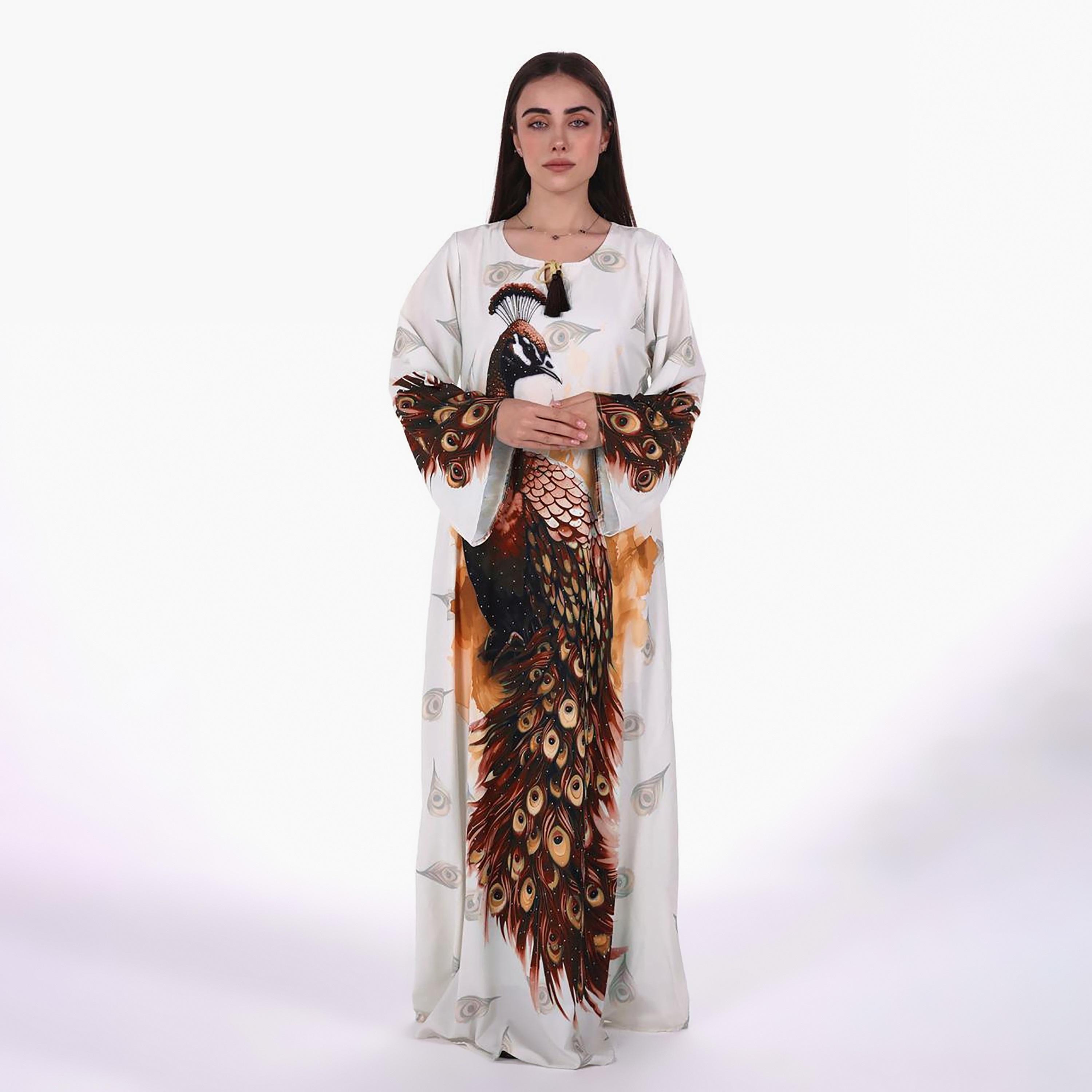 Al Bent Al Sharqieh Peacock Graphic Print Flared Sleeves Women's Jalabiya-women-arabicclothing-jalabiyas-image-1