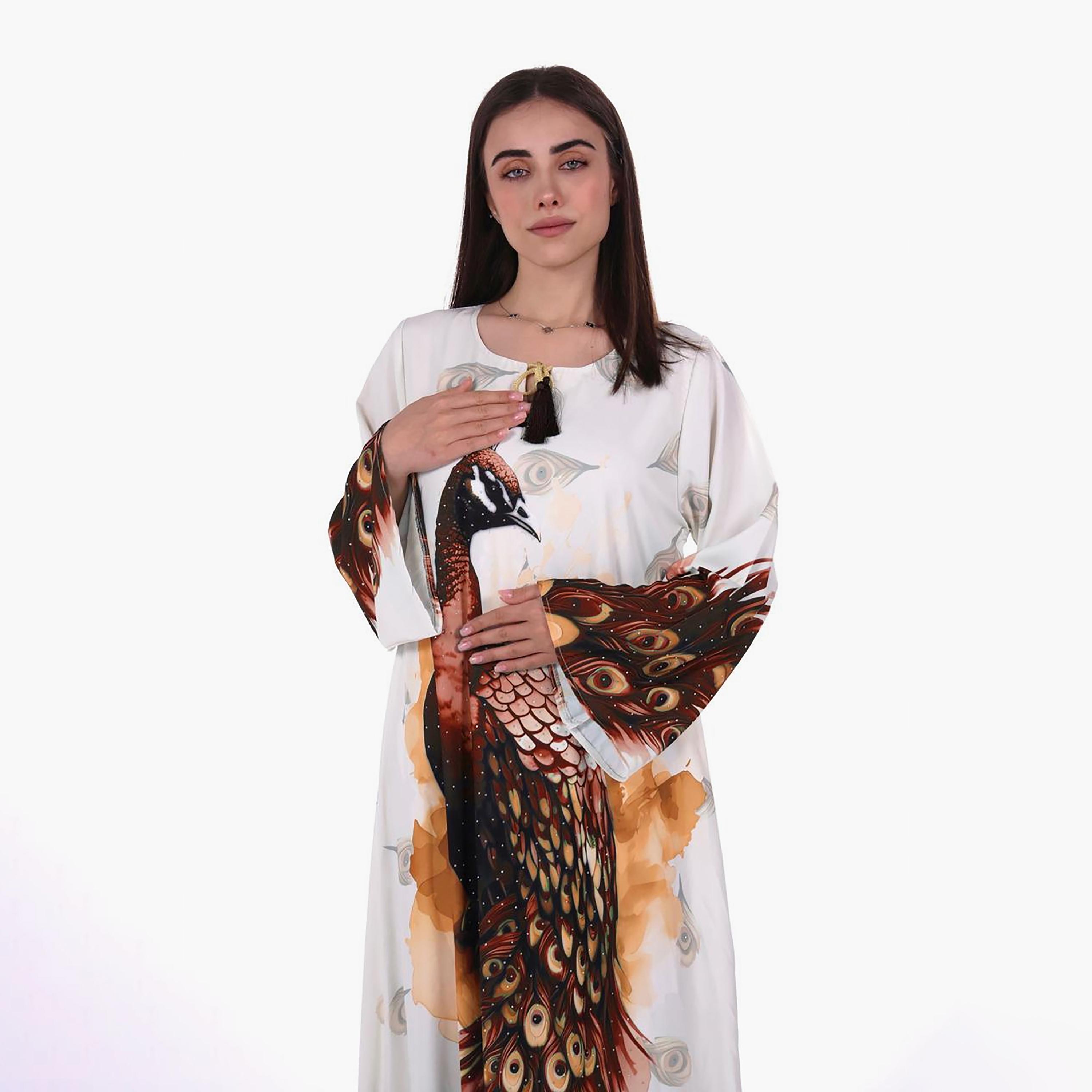Al Bent Al Sharqieh Peacock Graphic Print Flared Sleeves Women's Jalabiya-women-arabicclothing-jalabiyas-image-2