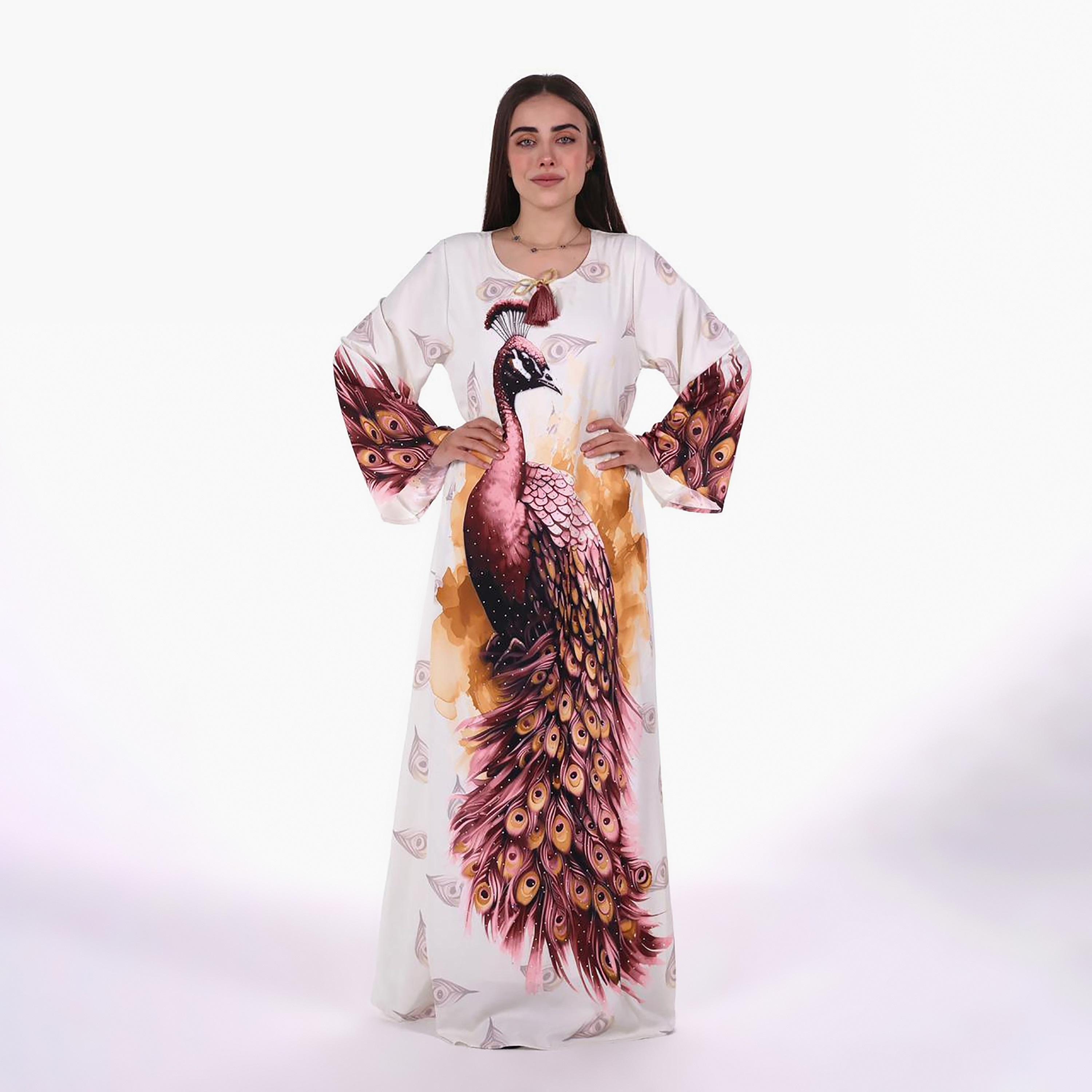 Al Bent Al Sharqieh Peacock Graphic Print Flared Sleeves Women's Jalabiya-women-arabicclothing-jalabiyas-image-1