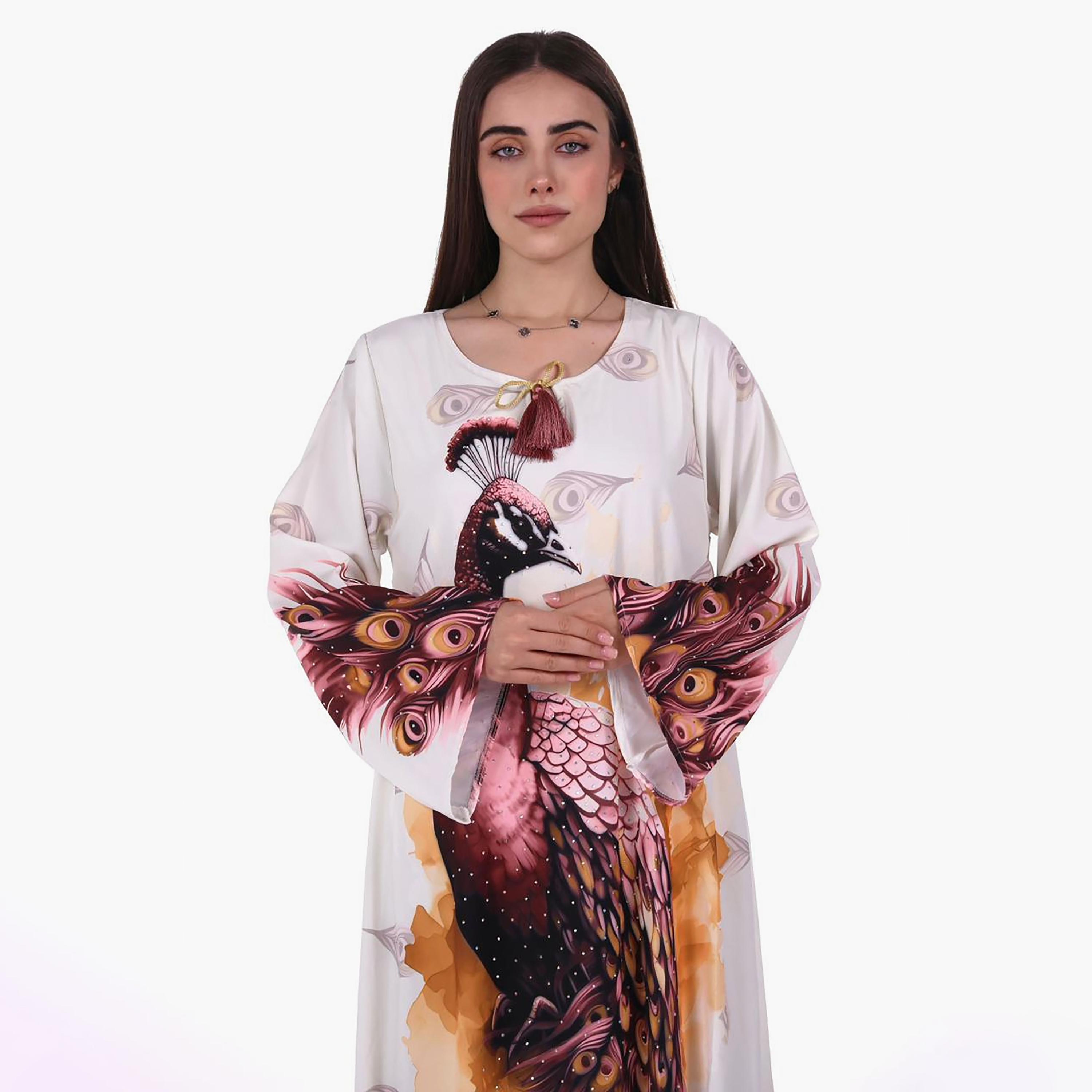 Al Bent Al Sharqieh Peacock Graphic Print Flared Sleeves Women's Jalabiya-women-arabicclothing-jalabiyas-image-2
