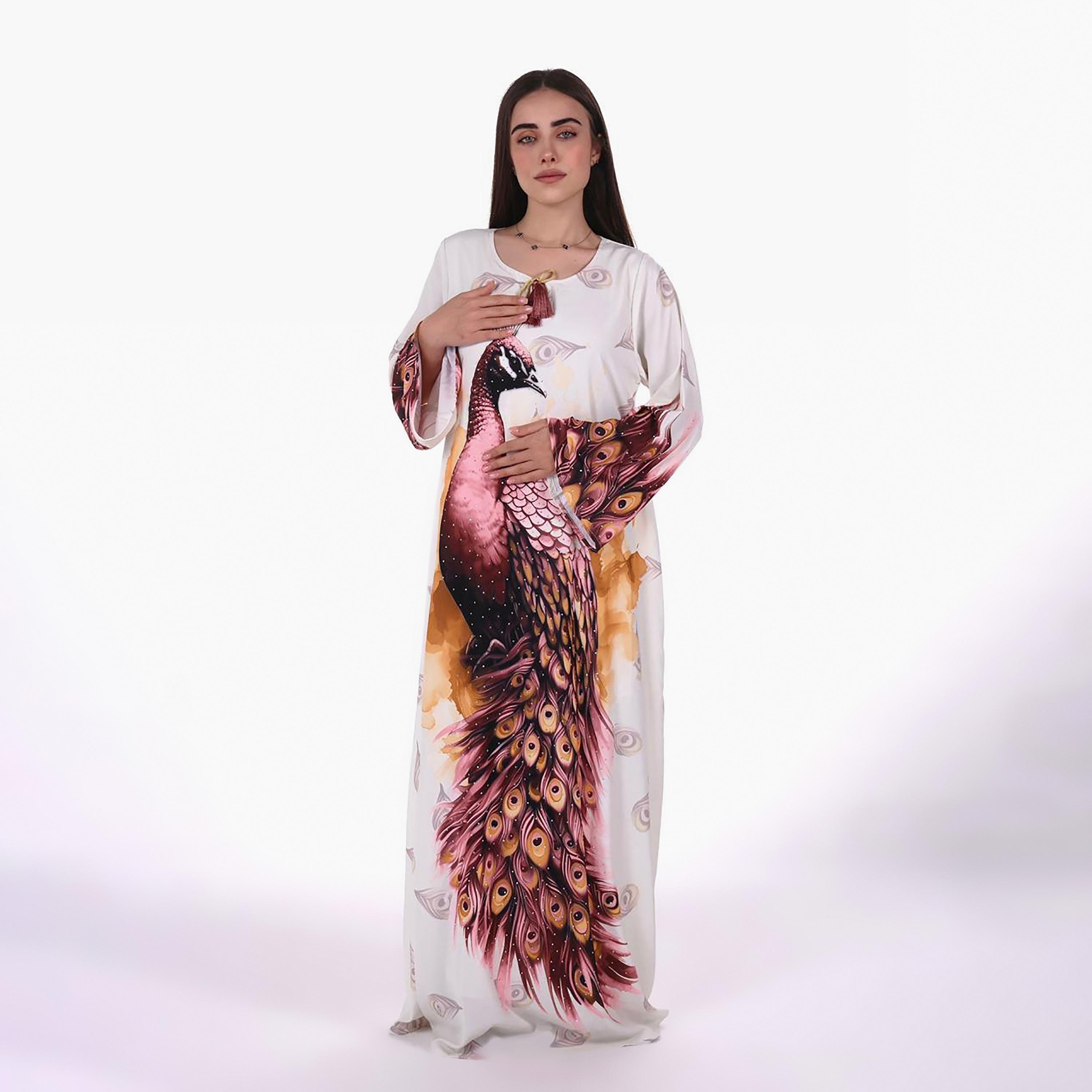 Al Bent Al Sharqieh Peacock Graphic Print Flared Sleeves Women's Jalabiya-women-arabicclothing-jalabiyas-image-3